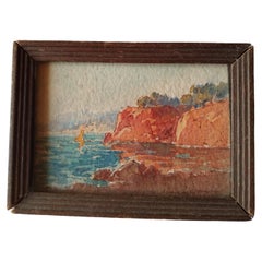 Vintage Watercolor Landscape Sea Boat Miniature 