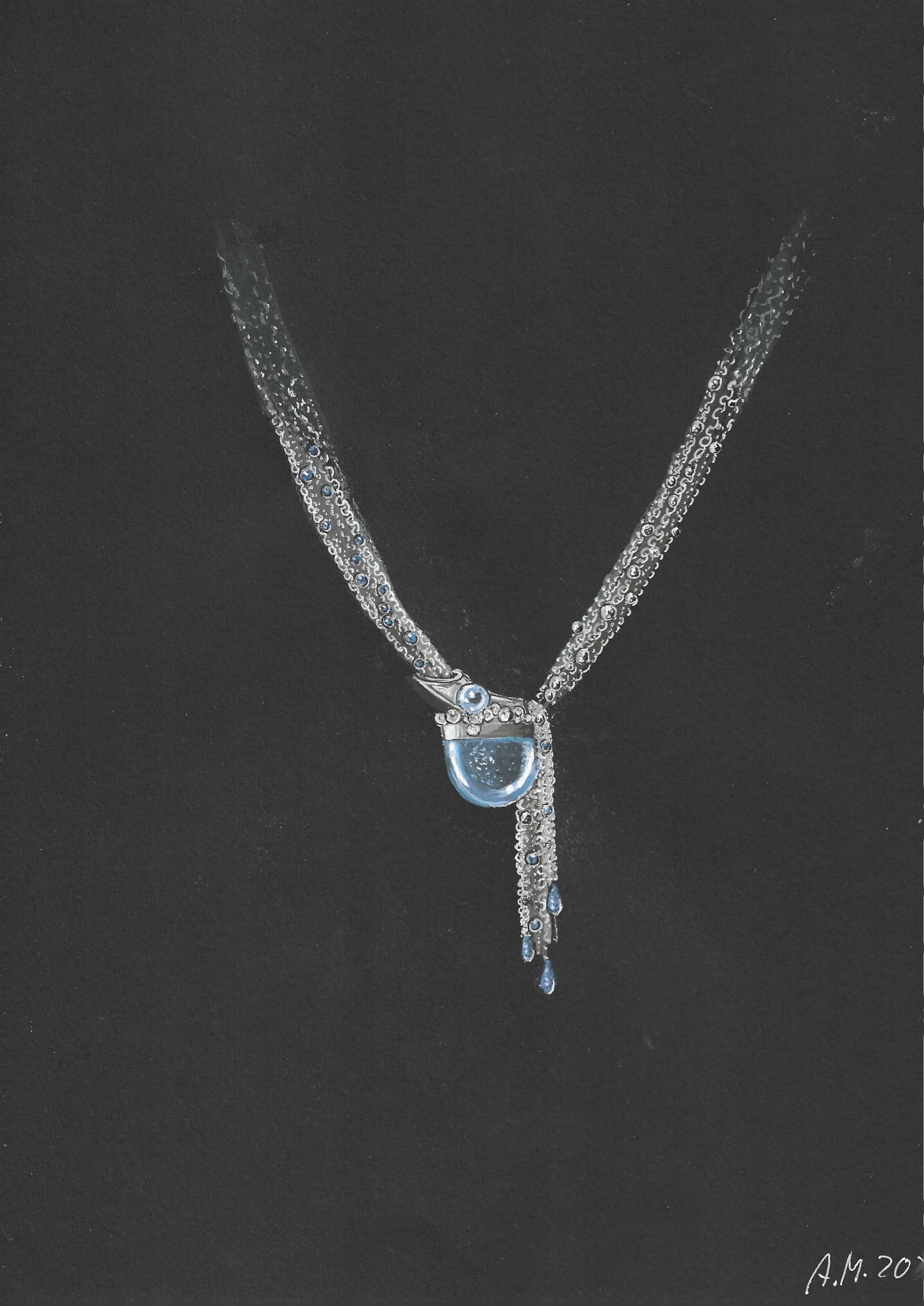 Our waterfall necklace, Acque Stellate, is made in 18K white gold. Faceted sapphires, aquamarines, and diamonds, set in donut settings, are spread like stars along the chains that spiral down to the jellyfish-like centerpiece. Tiny engraved white