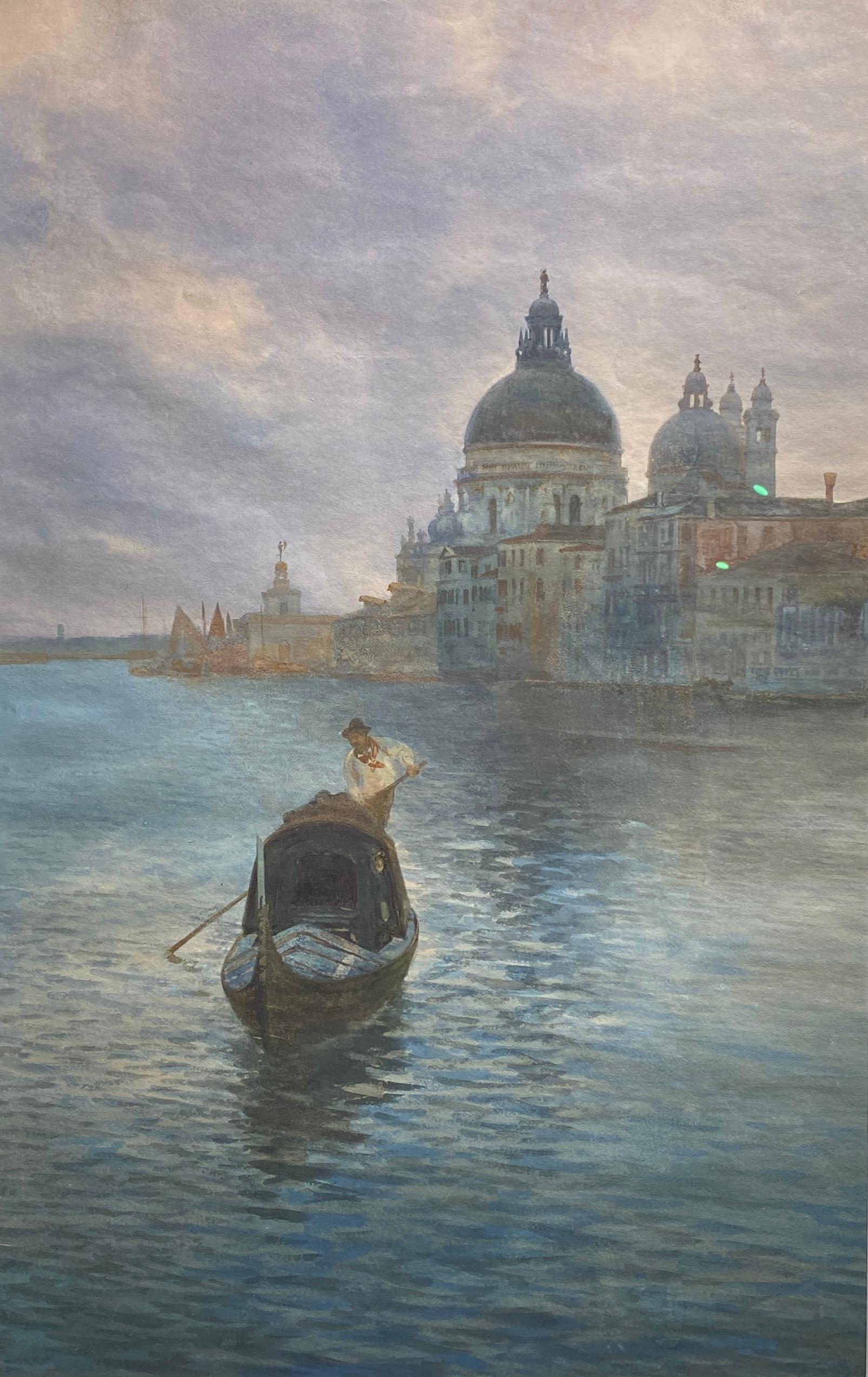 This watercolor by Alberto Prosdocimi depicts a view of the Basilica della Madonna della Salute in Venice and has the artist's signature at lower left. 
Alberto Prosdocimi (Sept. 9, 1852 - 1925) was an Italian painter and manuscript illuminator