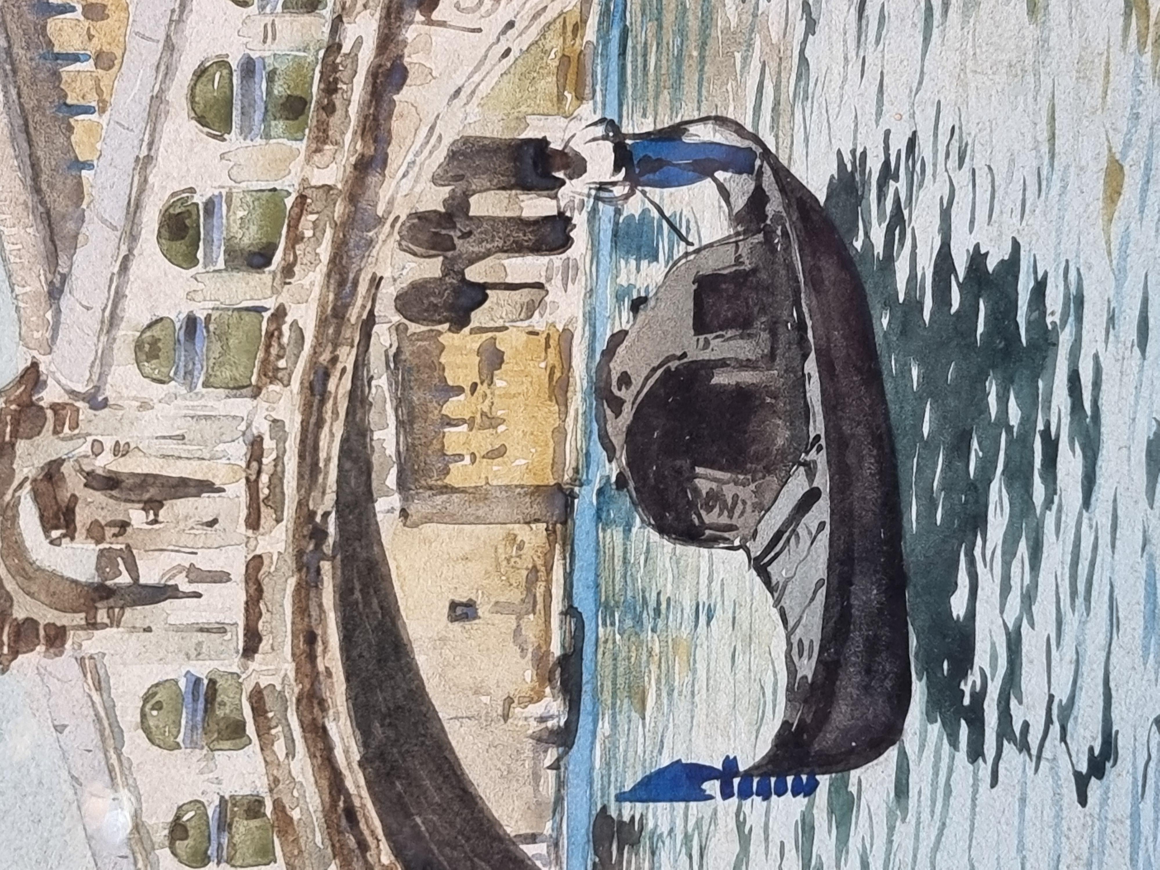 Sugerente vista venezolana realizada ad acquerello por Guido Peruzzi, fontanero famoso por su capacidad para crear la luminosidad y el ambiente de la laguna. La ópera muestra el Puente de Rialto y el trazado del Canal Grande antiguo, con gondolas en