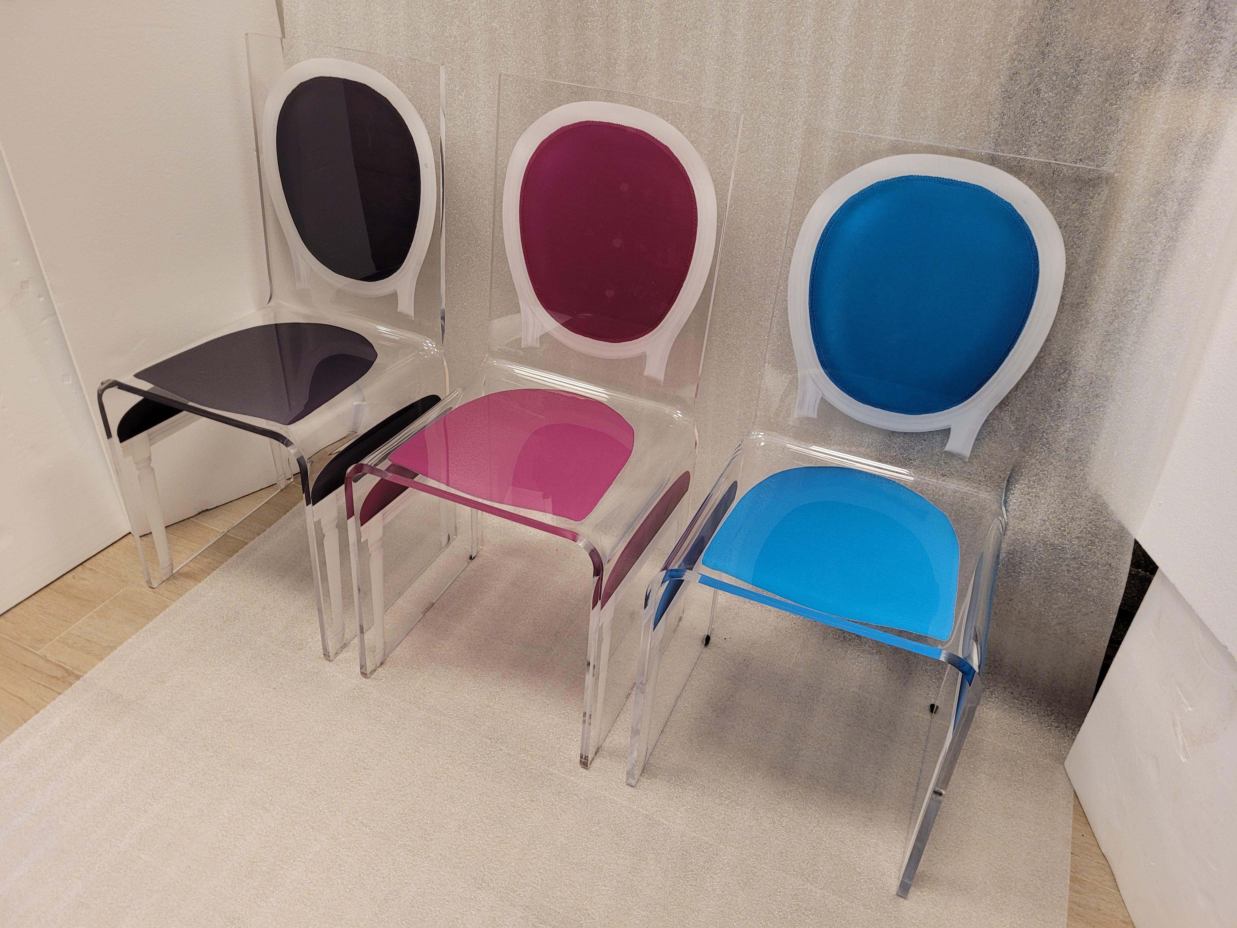 Modern Acrila 90s bleu, black, pink set of dining Chairs Lucite J.C.Castelbajac For Sale