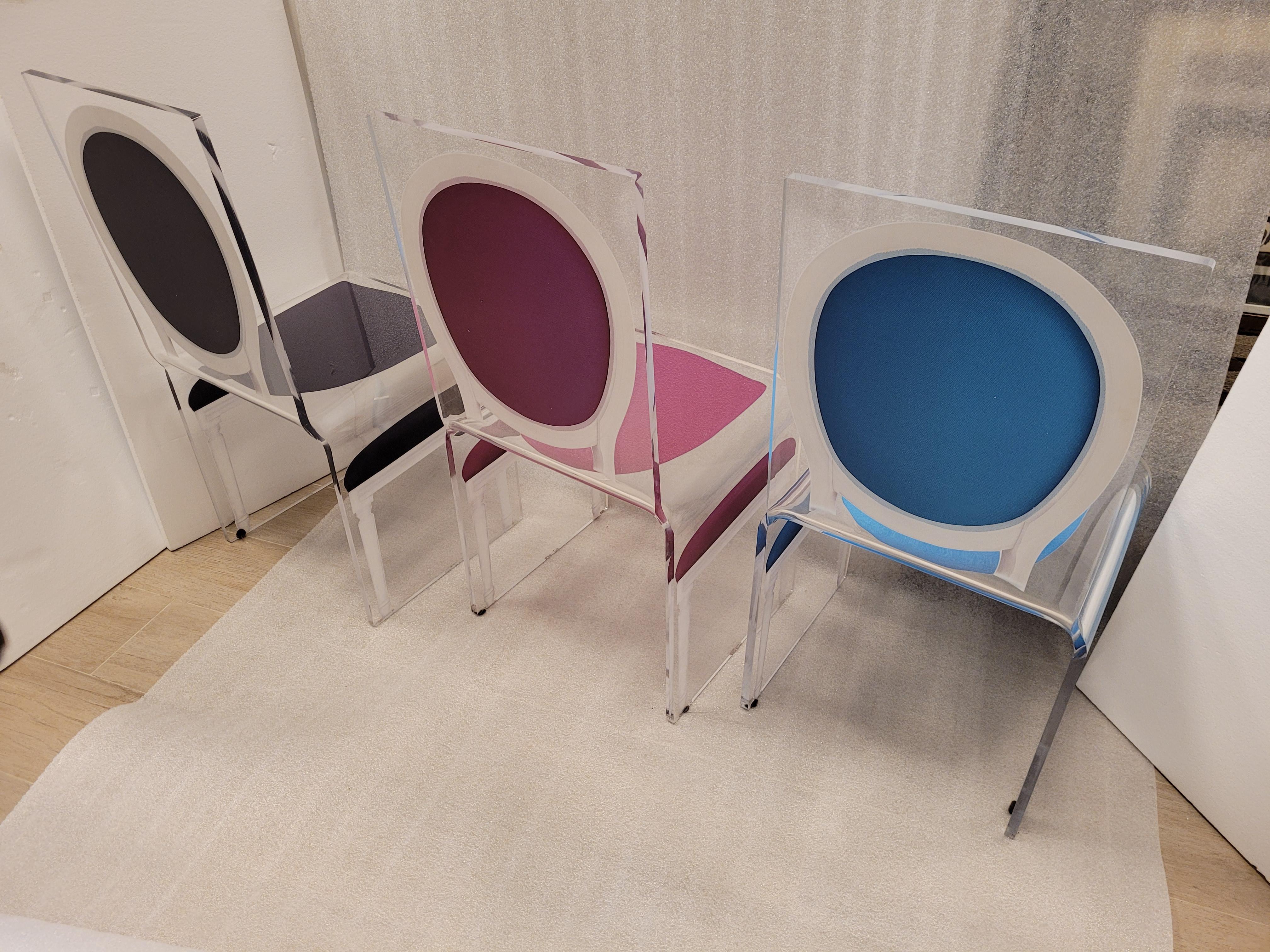 Hand-Crafted Acrila 90s bleu, black, pink set of dining Chairs Lucite J.C.Castelbajac For Sale