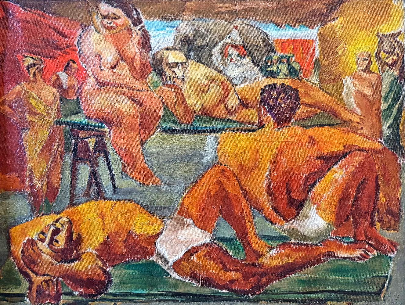 "Akrobaten in Ruhe", lebhafte Zirkusszene mit Elefant von einer Künstlerin, 1930er Jahre