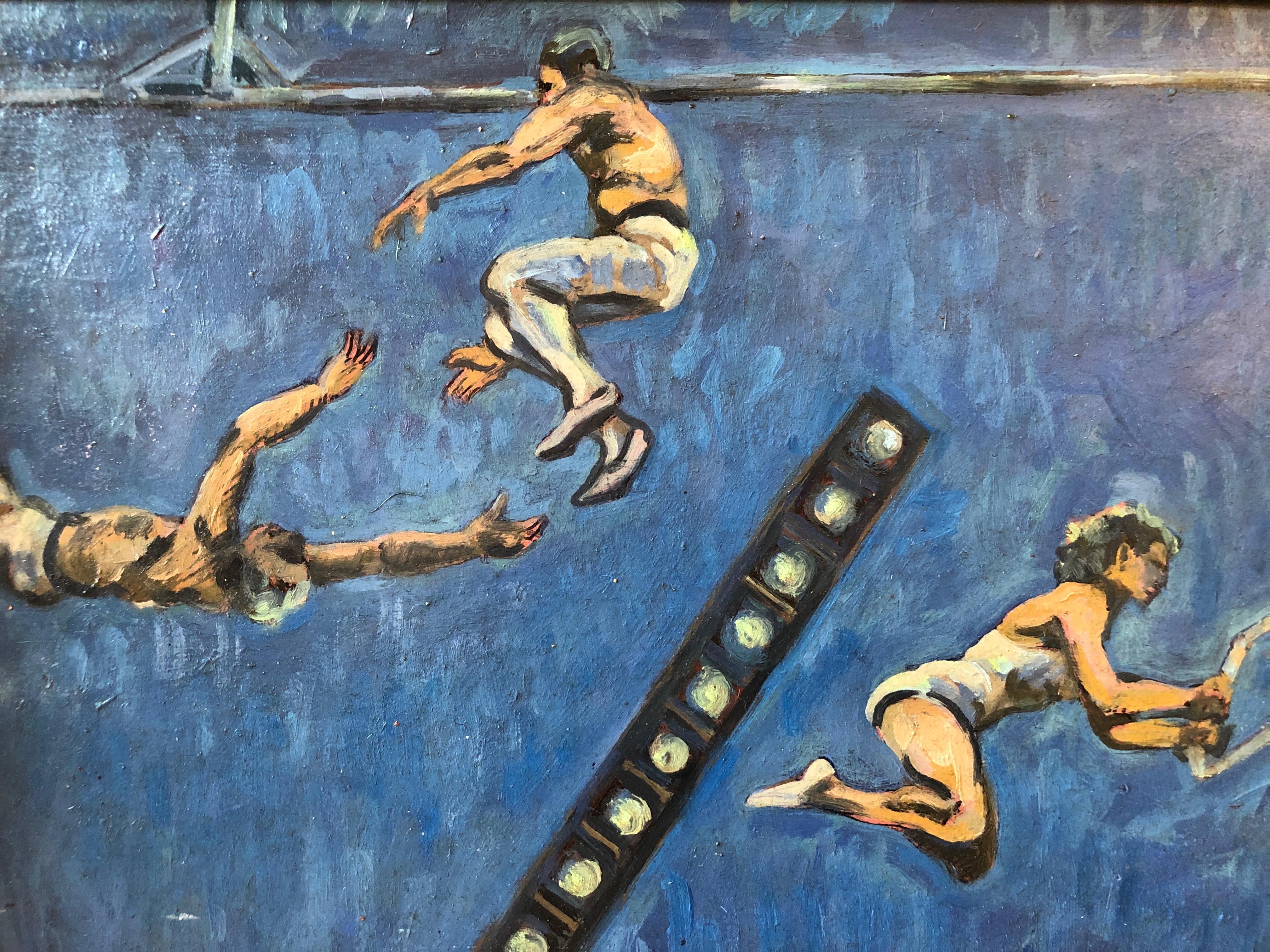 This is a colorful painting of acrobats swinging through the air on trapeze by artist A. Smith.