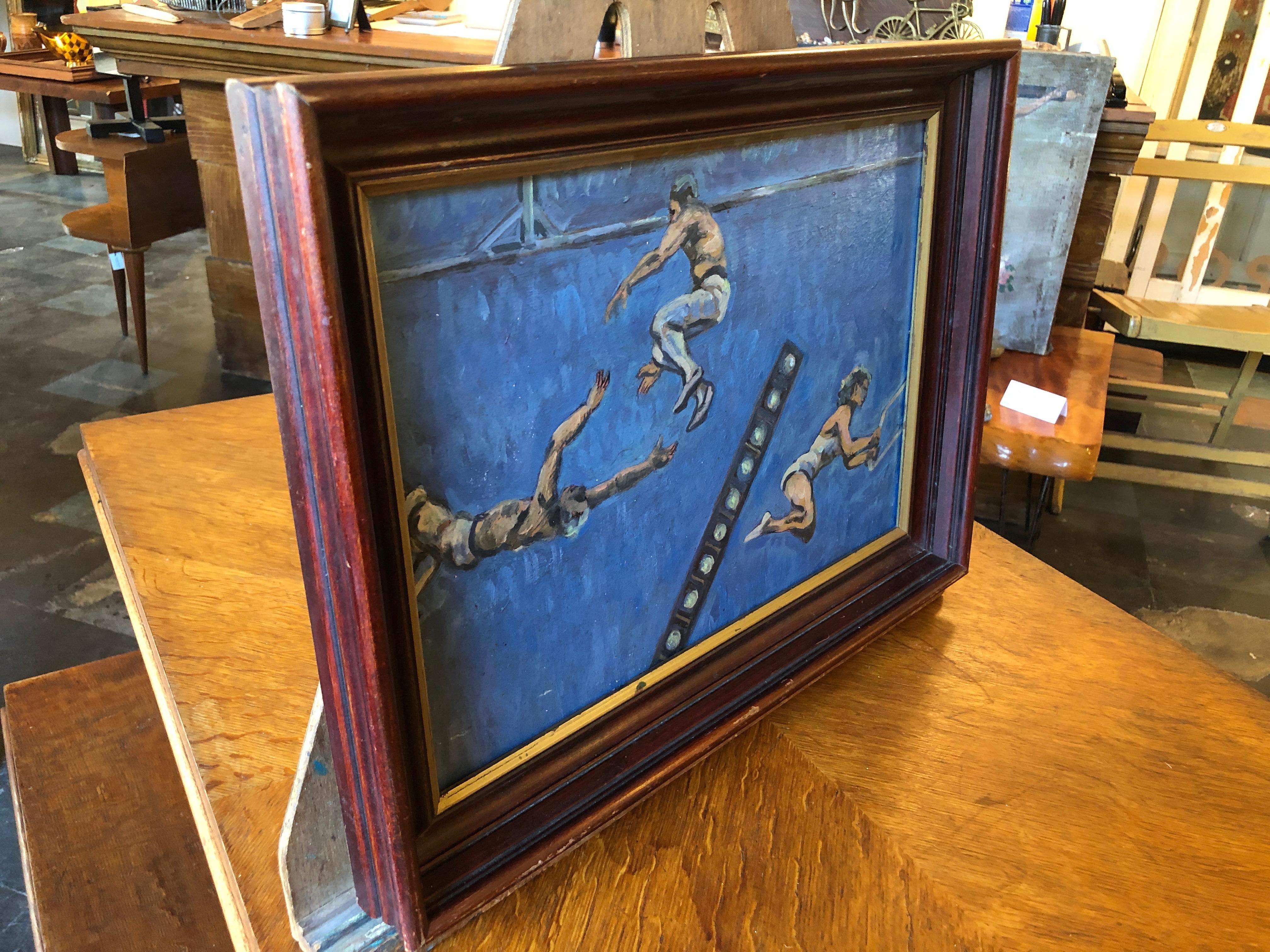 Masonite Acrobats on Trapeze on Board by A. Smith For Sale