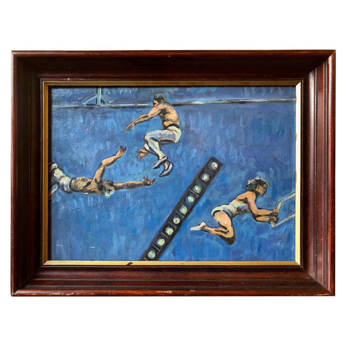 Acrobats on Trapeze on Board by A. Smith For Sale