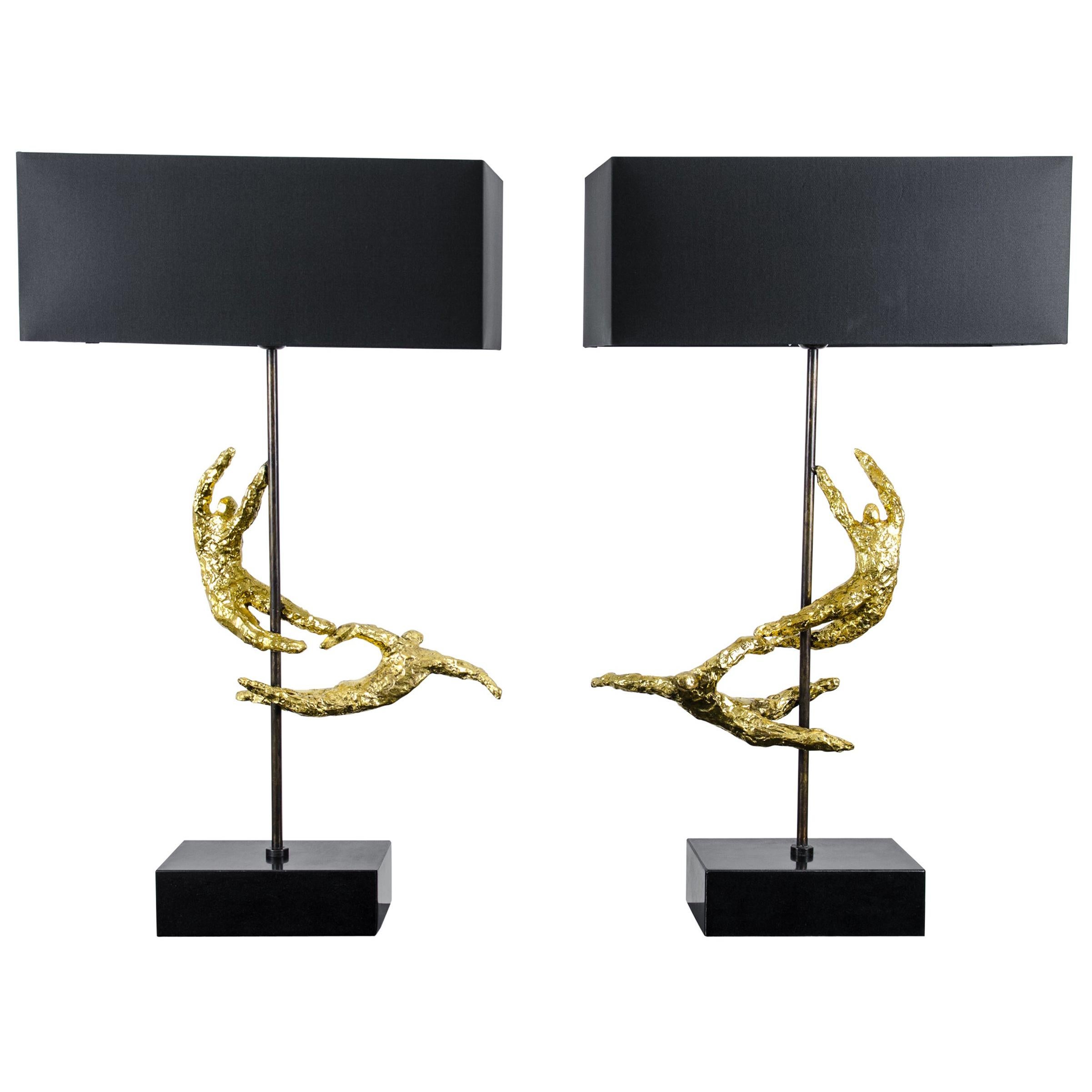 Bronze-Skulpturen-Tischlampen „Akrobaten“