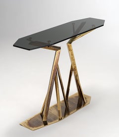Acropora Console Table, Glossy Antique Gold Metal Base, Bronze Glass Top