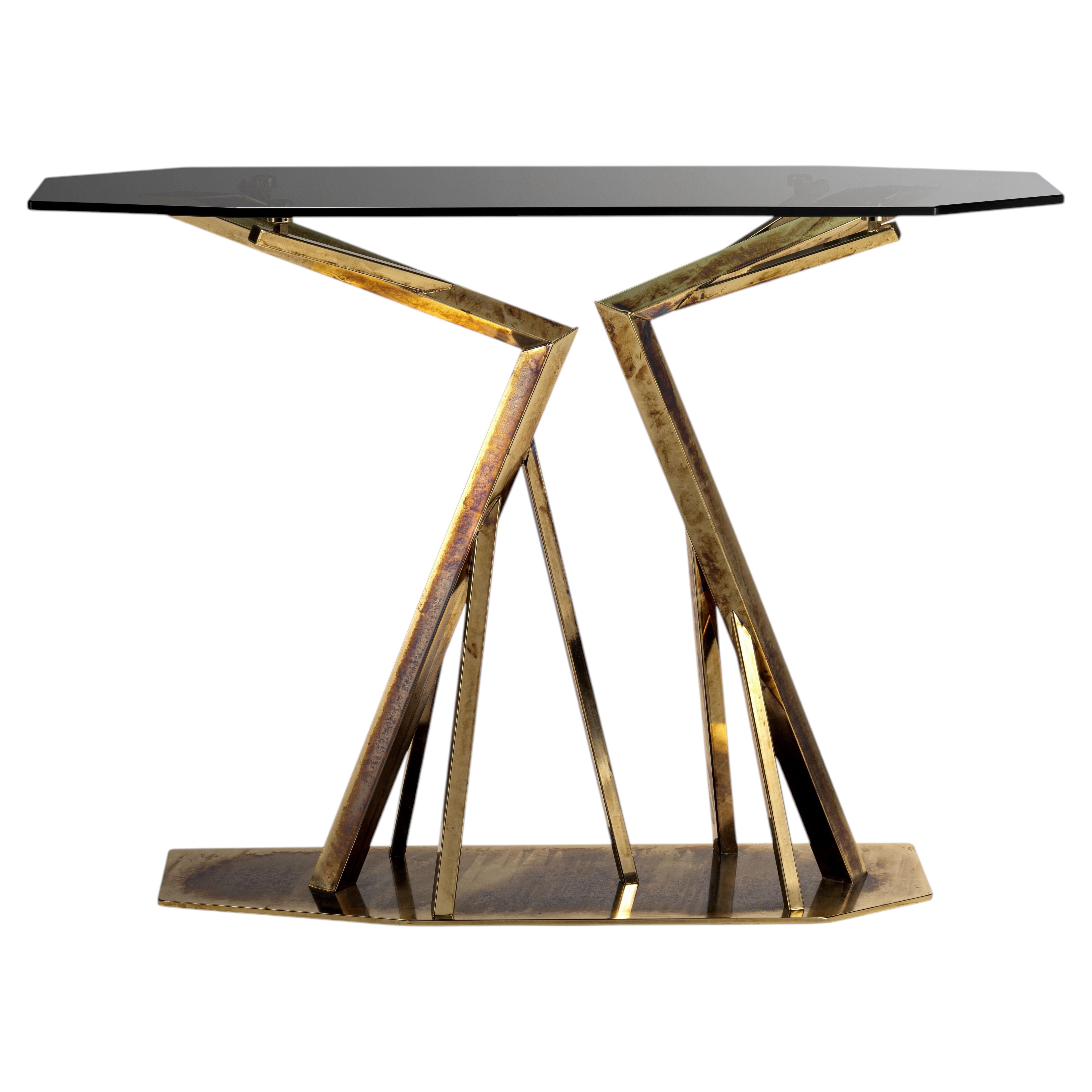 Acropora Console Table, Glossy Antique Gold Metal Base, Bronze Glass Top For Sale