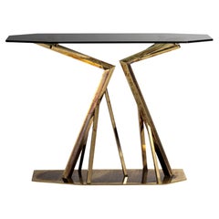 Acropora Console Table, Glossy Antique Gold Metal Base, Bronze Glass Top