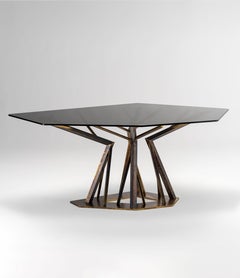 Acropora Table, Matte Antique Gold Metal Base, Bronze Glass Top