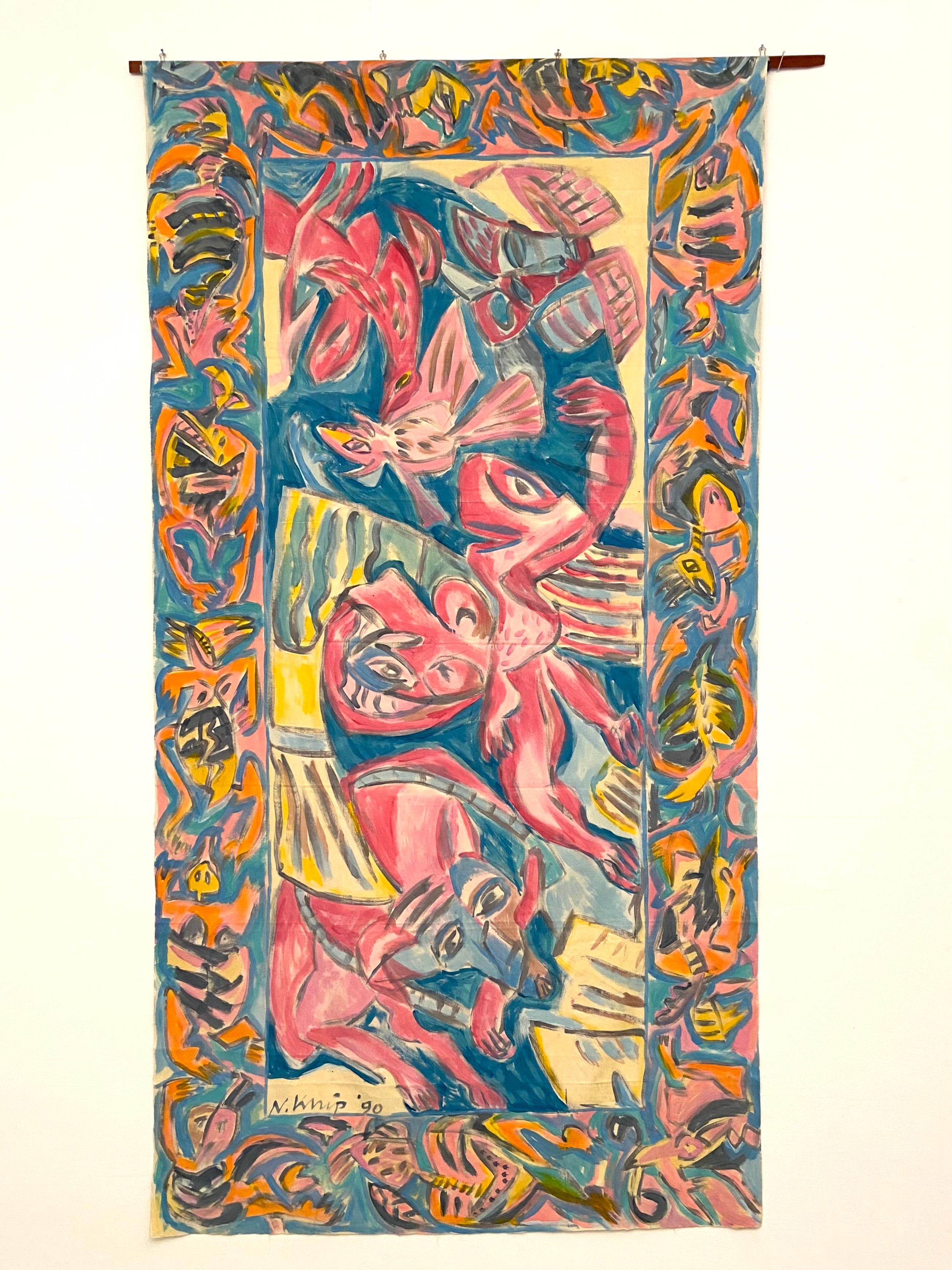 Buntes und verspieltes Gemälde von Noor Knip in Acryl auf Leinwand, 1990.

Wir lieben die Arbeiten von Noor Knip und freuen uns sehr, dass im letzten Jahr so viele der Schwarz-Weiß-Bilder verkauft wurden. Diese neue Serie mit viel mehr Farben der
