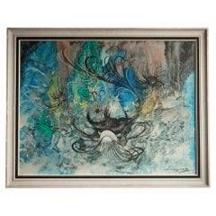 Vintage Acrylic Abstract Fish Blue