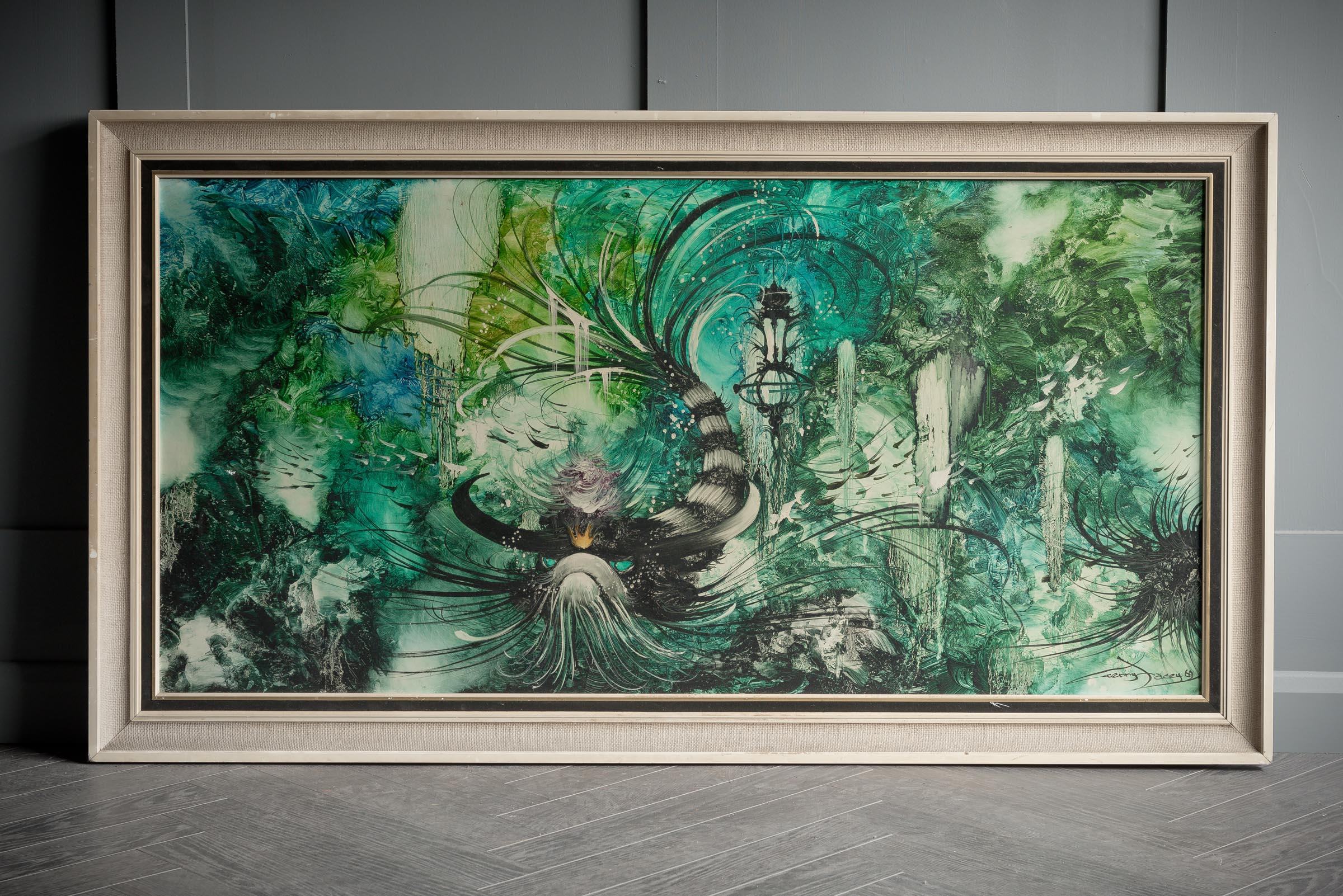 Gerry Facey is a Postwar & Contemporary artist. He was a famous science fiction artist for comics including Tales of Tomorrow and Worlds of Fantasy. This abstract painting depicts a fish in various hues of green. The painting is signed and dated