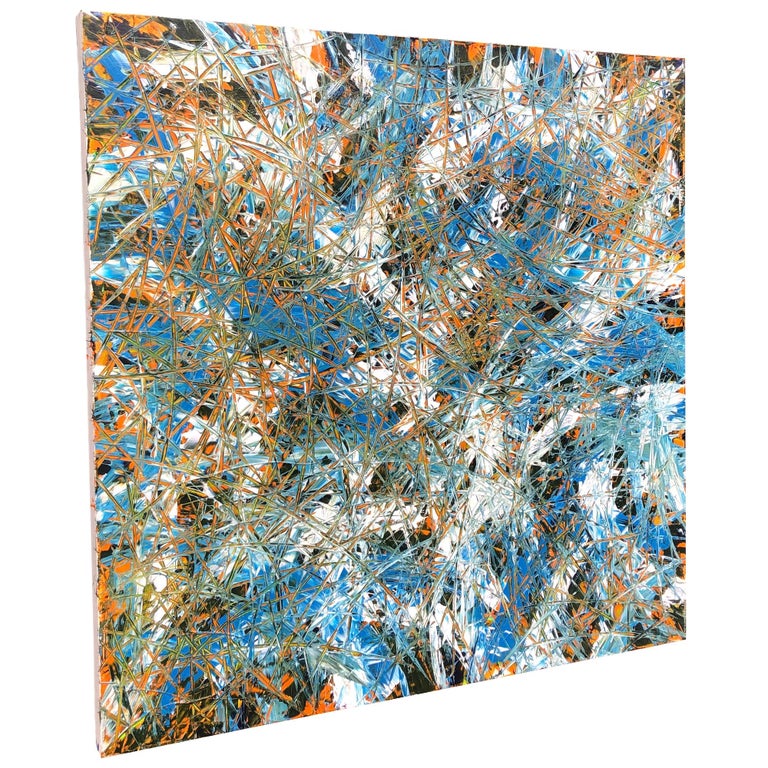 Canadian Acrylic Action Abstract Painting Blue White Orange Black For Sale