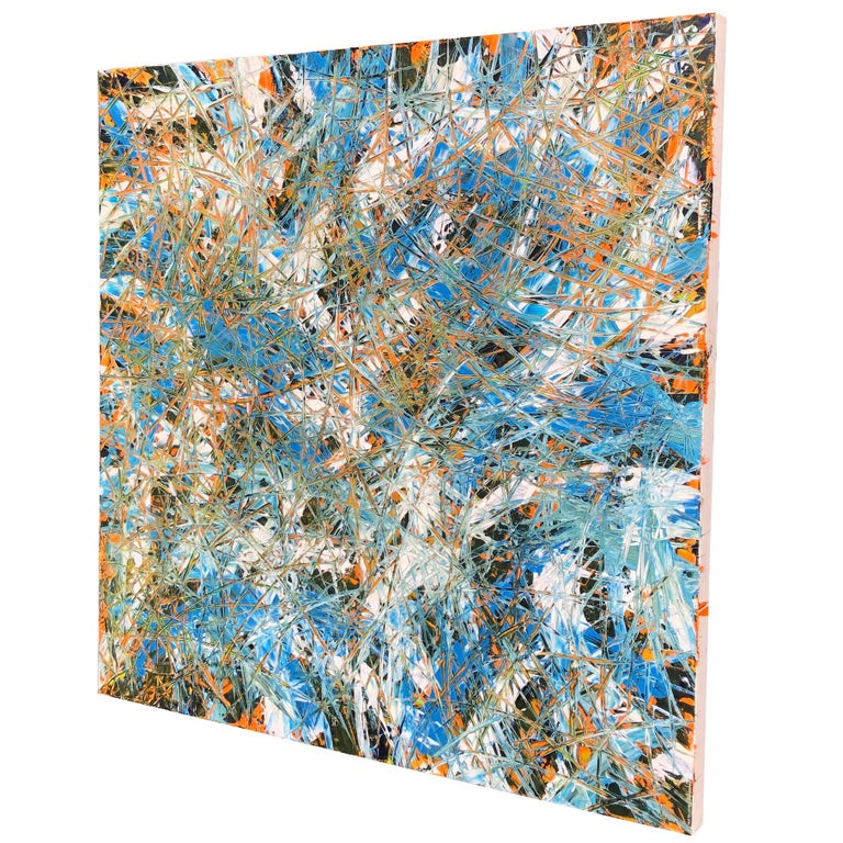 Hand-Painted Acrylic Action Abstract Painting Blue White Orange Black For Sale