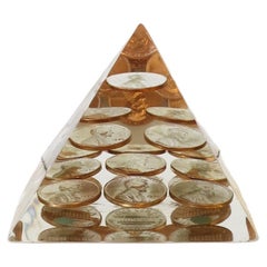 Acrylic and 1970s US Copper Pennies Pyramid Paperweight Object