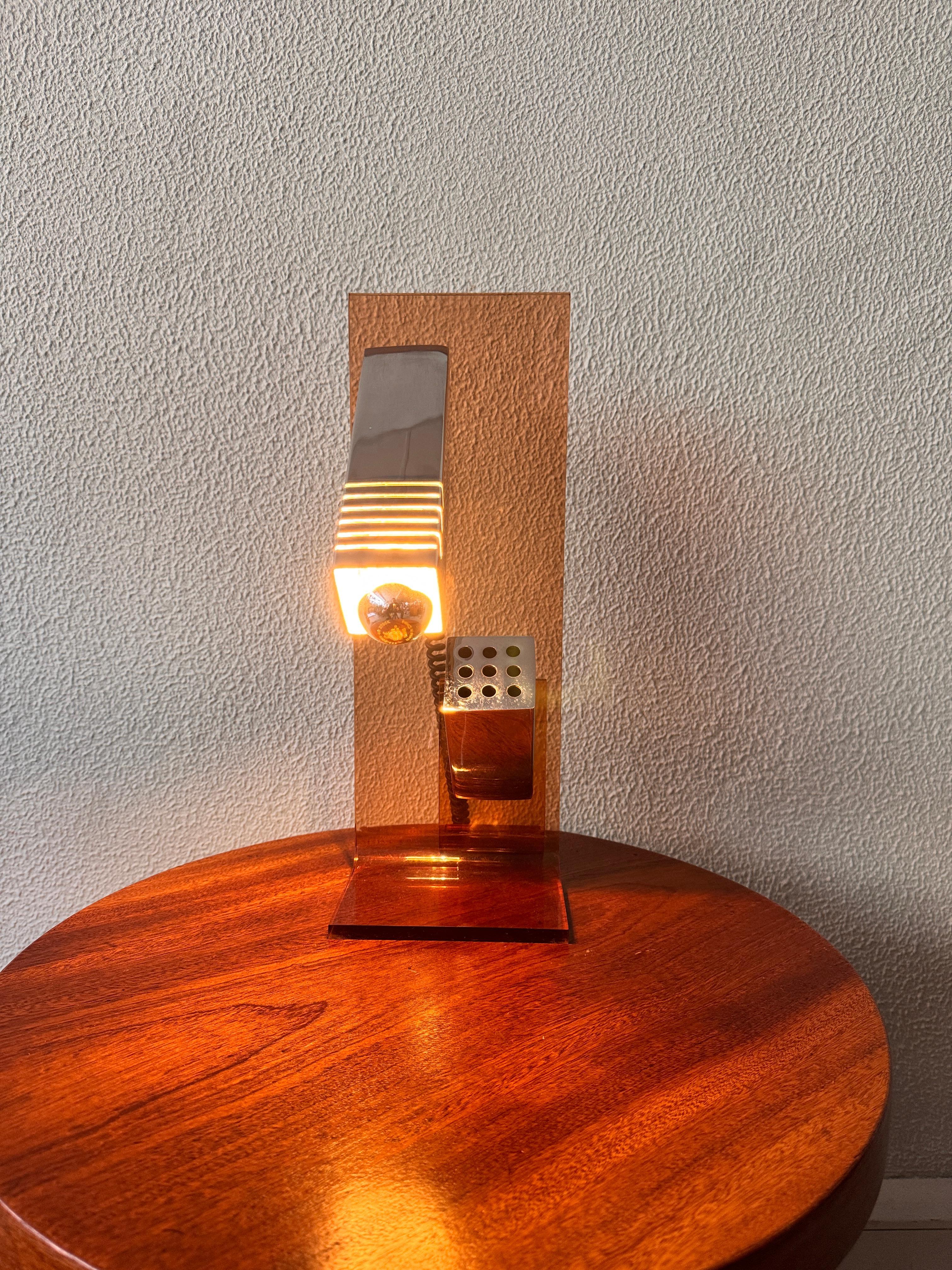 Spanish Mid-Century Amber Acrylic and Chrome Sculptural Table Lamp by Fase, 1970s For Sale