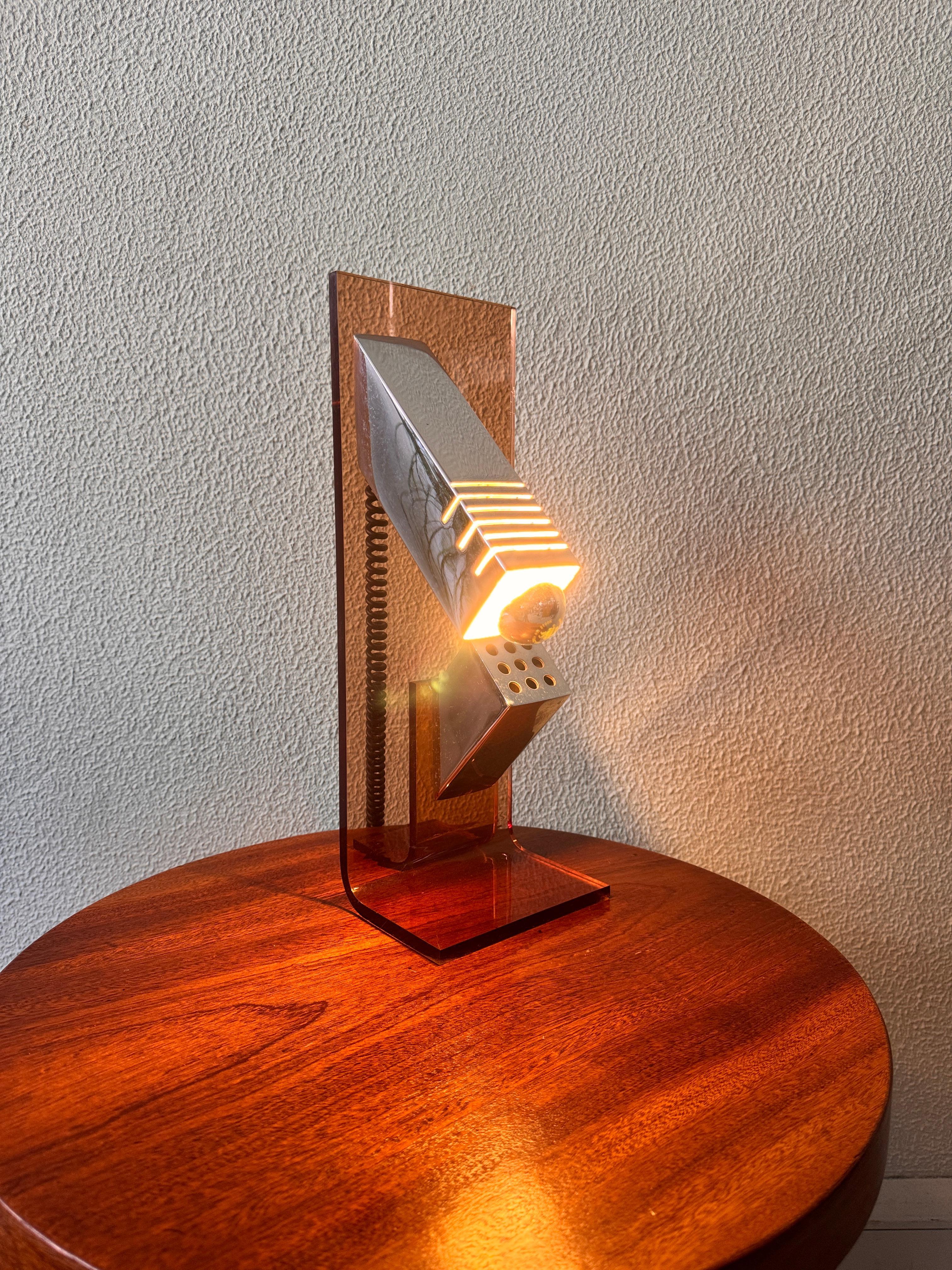 Late 20th Century Mid-Century Amber Acrylic and Chrome Sculptural Table Lamp by Fase, 1970s For Sale