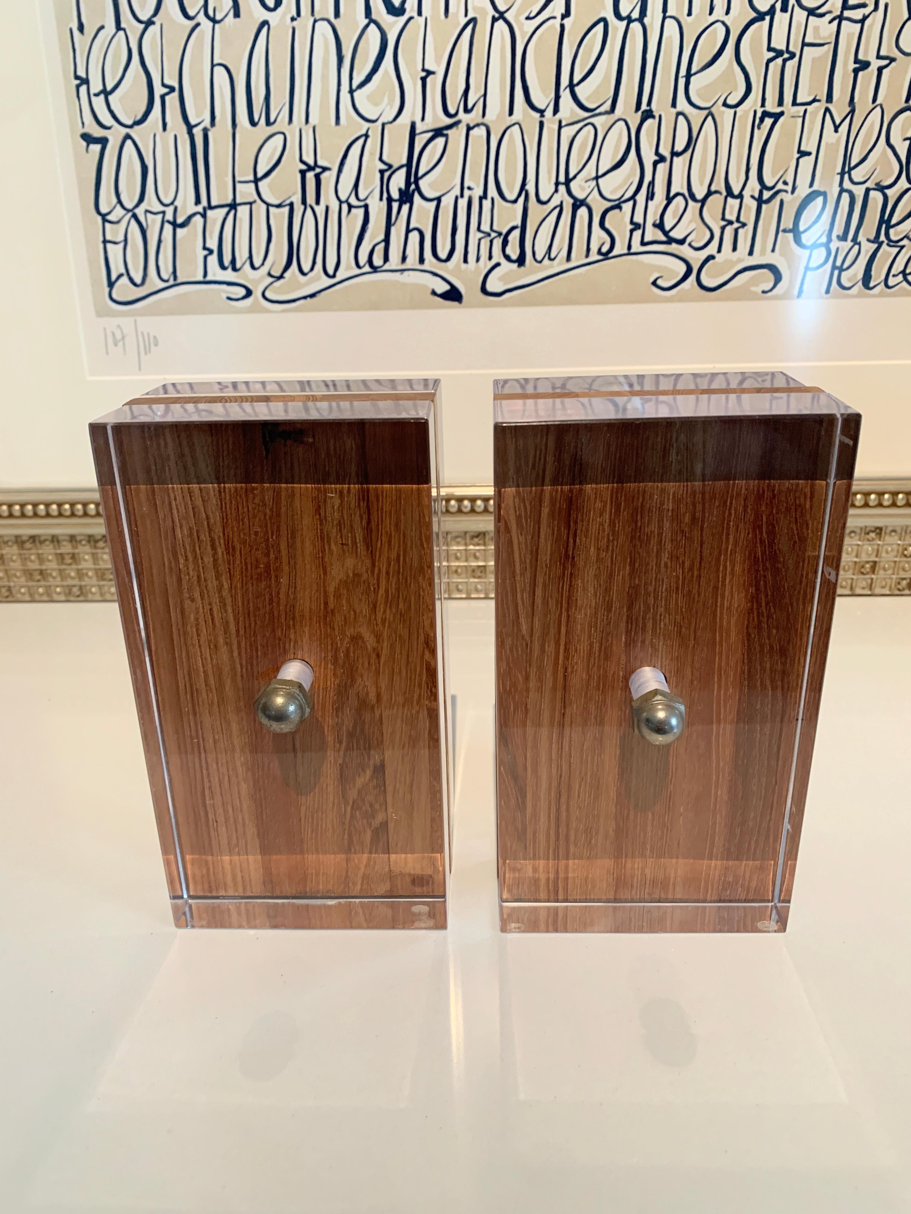 Acrylic and Mahogany Ritts Bookends for Astrolite 6