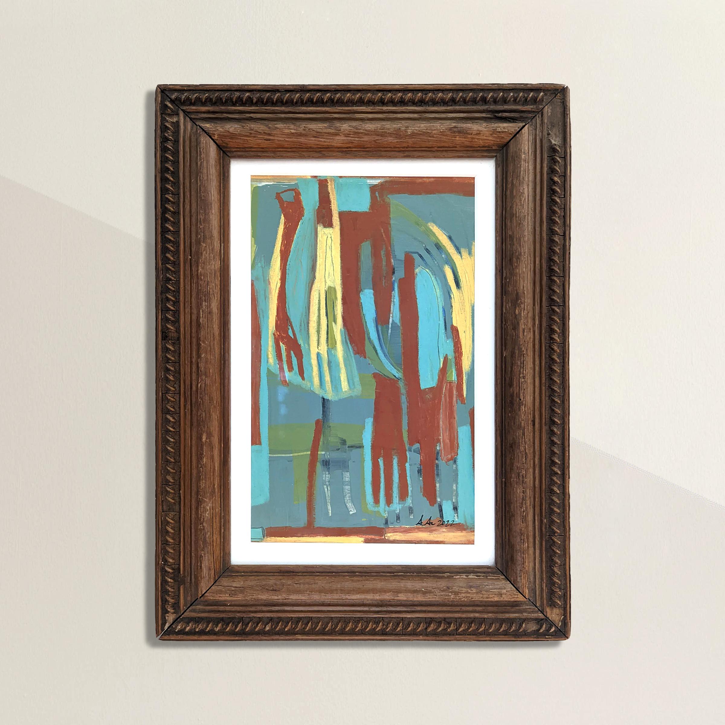 A striking acrylic and wax pastel abstract figurative painting on paper by Anne Abueva, and framed in a found vintage frame.

A decade ago interior designer Anne Abueva put down her paint deck and picked up a paintbrush. Her signature expressive