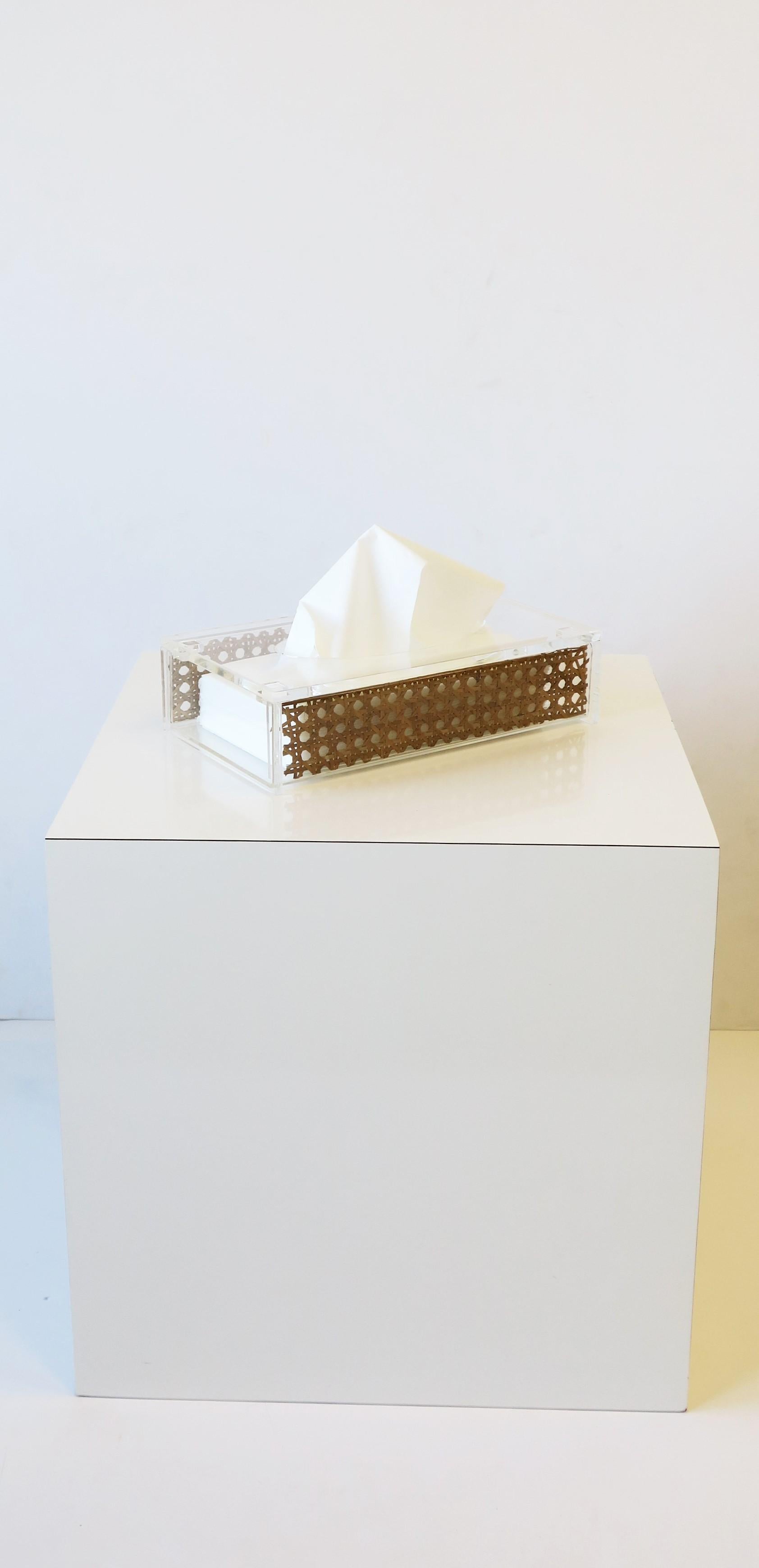 A wicker cane and acrylic tissue holder box in the style of Christian Dior Home. This acrylic and wicker cane box holds standard size tissues. Beautiful natural wicker cane and chic clear acrylic - a great combination as shown. Natural wicker cane