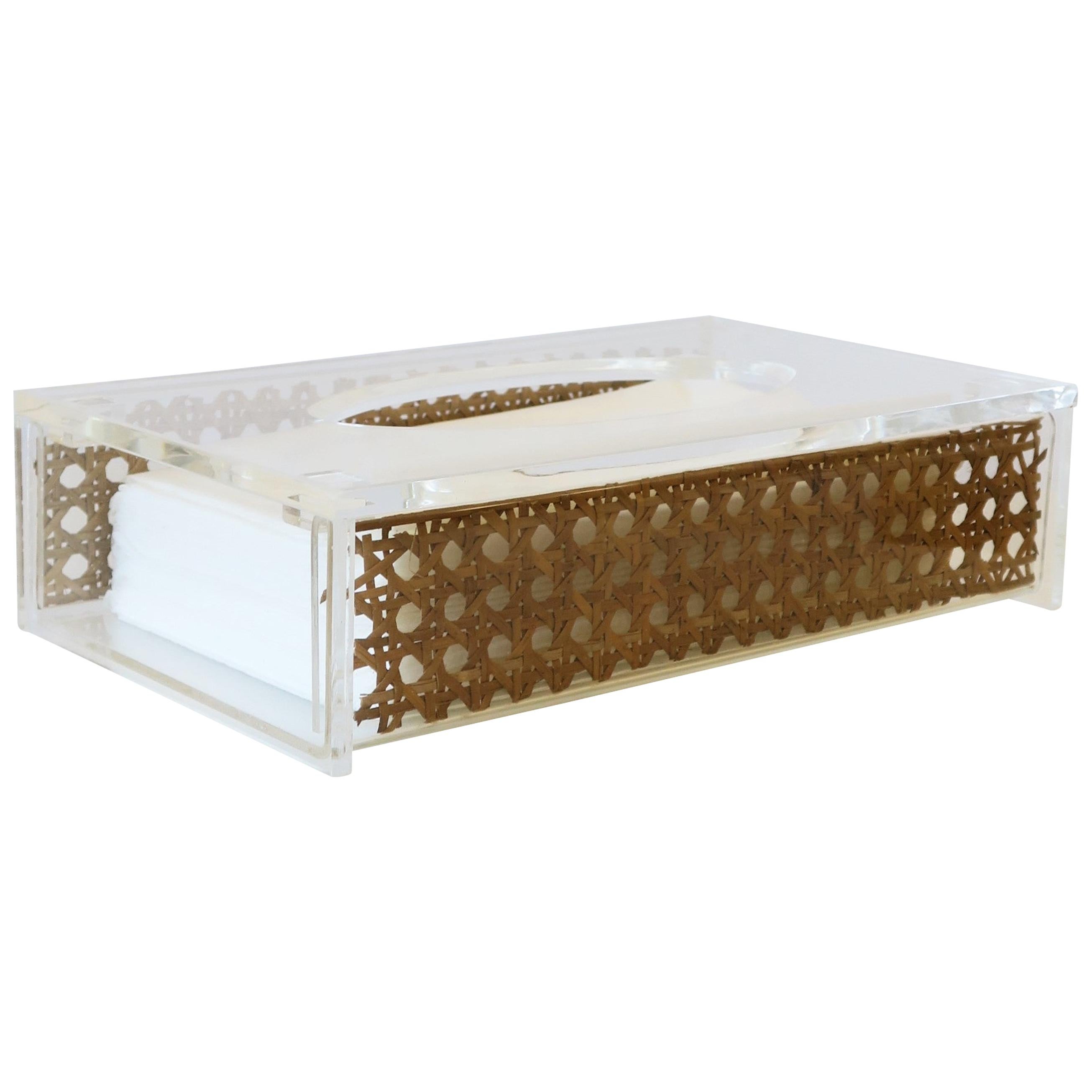 Wicker Cane and Acrylic Tissue Box Holder Cover in the style of Dior For Sale