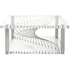 Moderner moderner industrieller Couchtisch aus Plexiglas von Peter Harrison, Metall, Lucite und Acryl