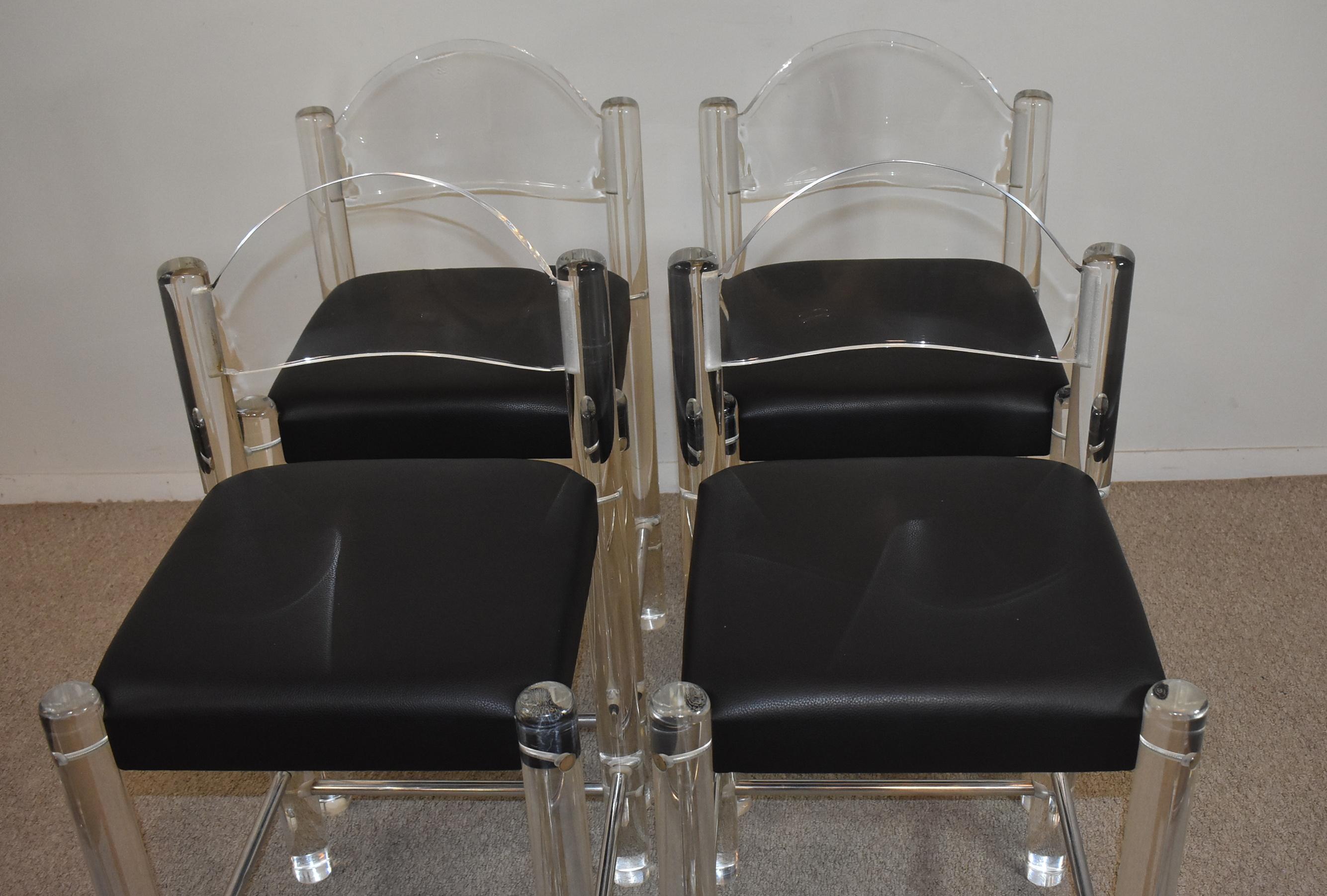Modern Acrylic Bar Stools with Black Leather Seats For Sale