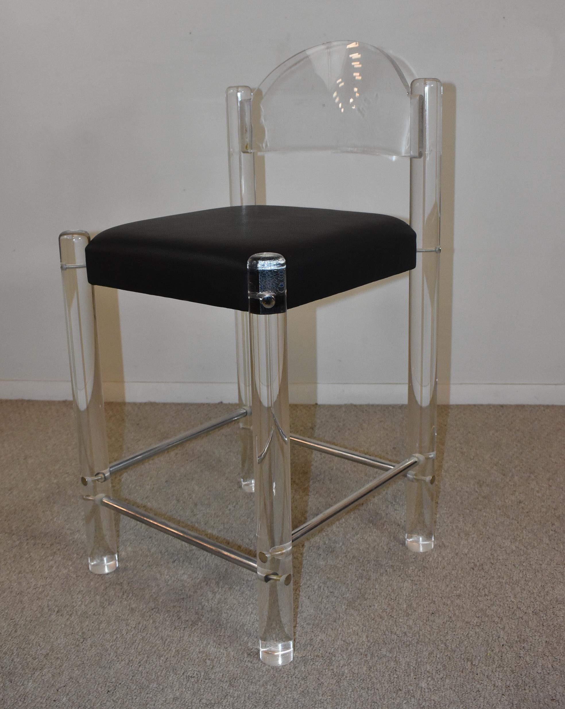 Acrylic Bar Stools with Black Leather Seats In Good Condition For Sale In Toledo, OH