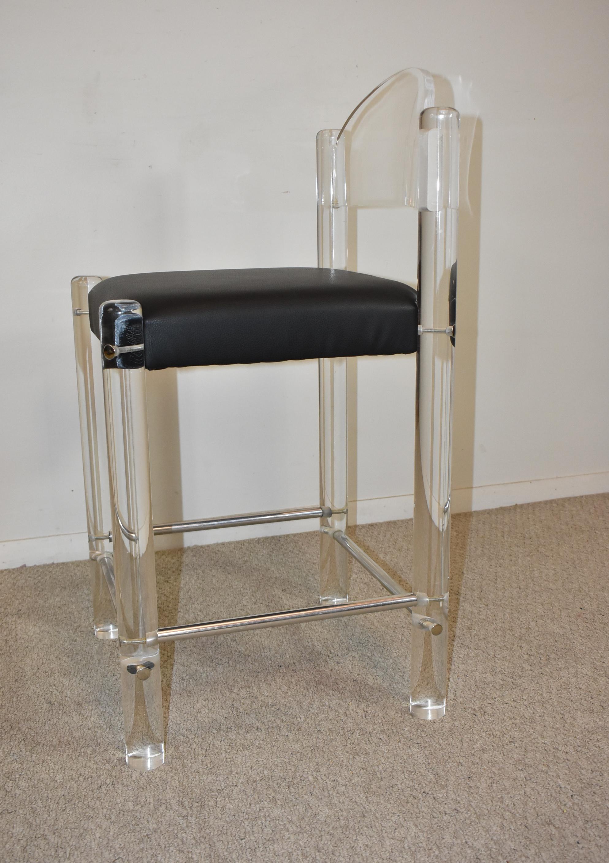 20th Century Acrylic Bar Stools with Black Leather Seats For Sale