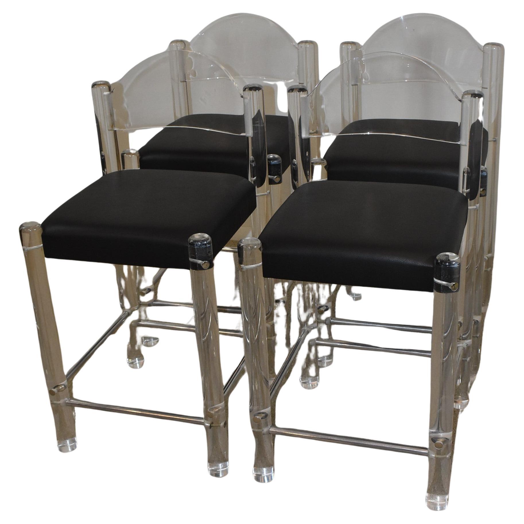 Acrylic Bar Stools with Black Leather Seats For Sale