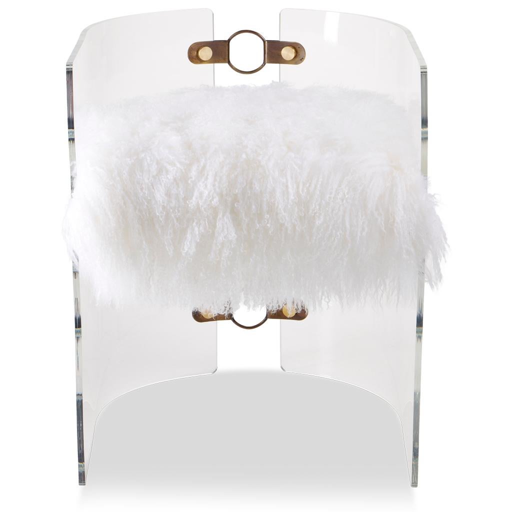 Modern Acrylic, Brass, Bronze Steel and White Mongolian Sheepskin Jetson Dining Chair For Sale