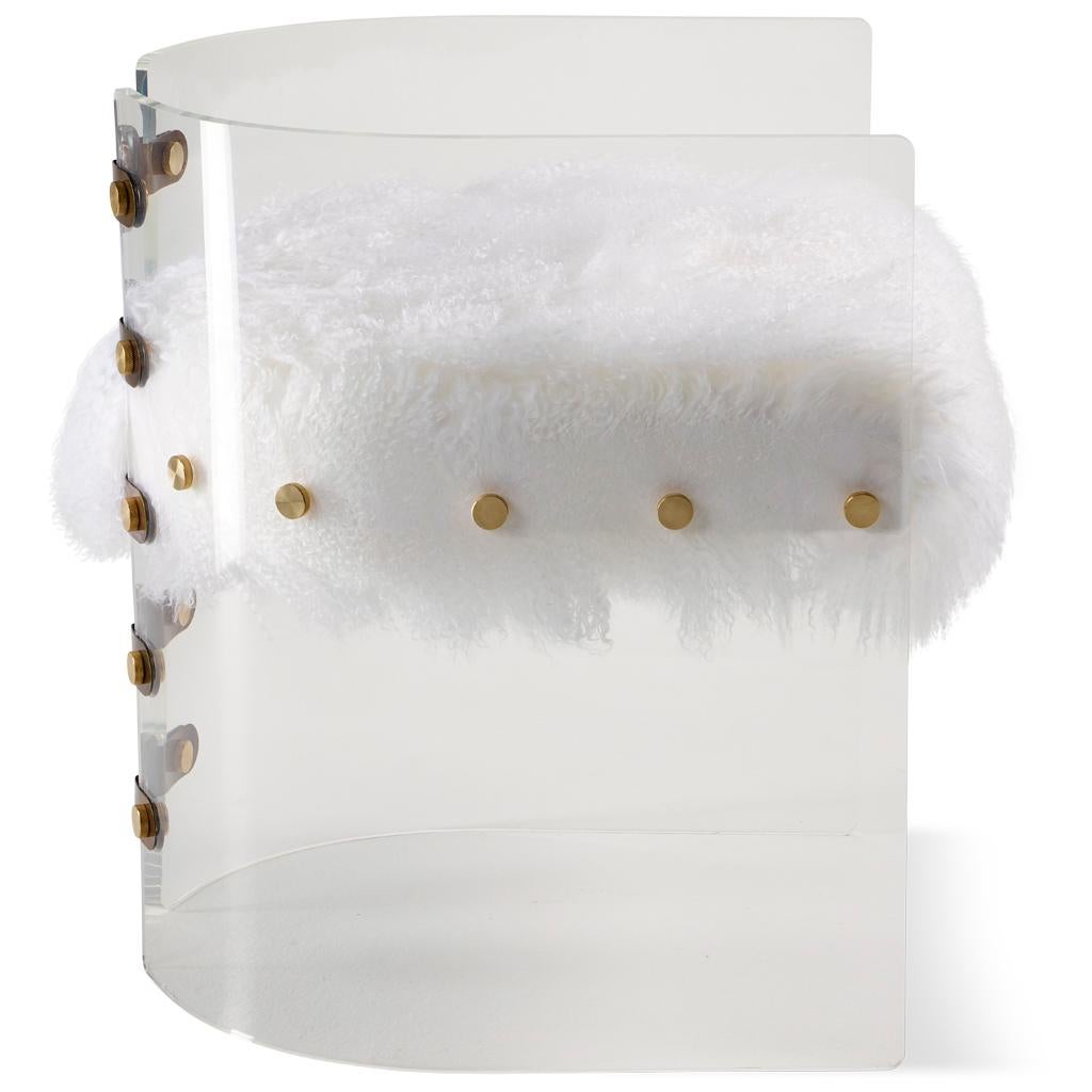 Portuguese Acrylic, Brass, Bronze Steel and White Mongolian Sheepskin Jetson Dining Chair For Sale