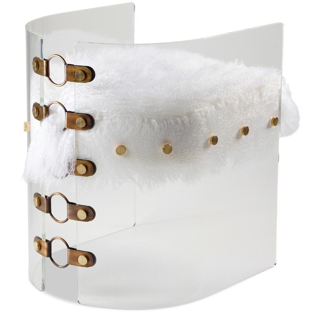 Bronzed Acrylic, Brass, Bronze Steel and White Mongolian Sheepskin Jetson Dining Chair For Sale