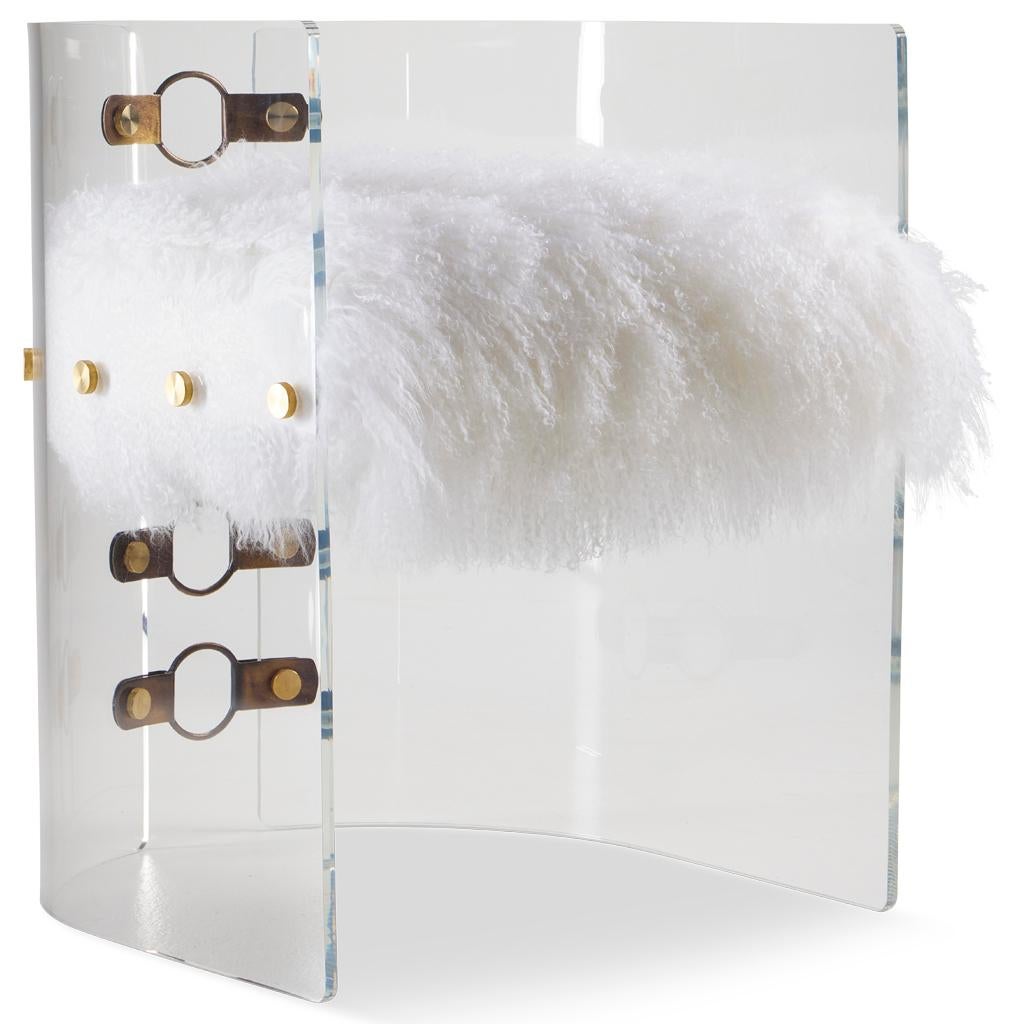 Contemporary Acrylic, Brass, Bronze Steel and White Mongolian Sheepskin Jetson Dining Chair For Sale