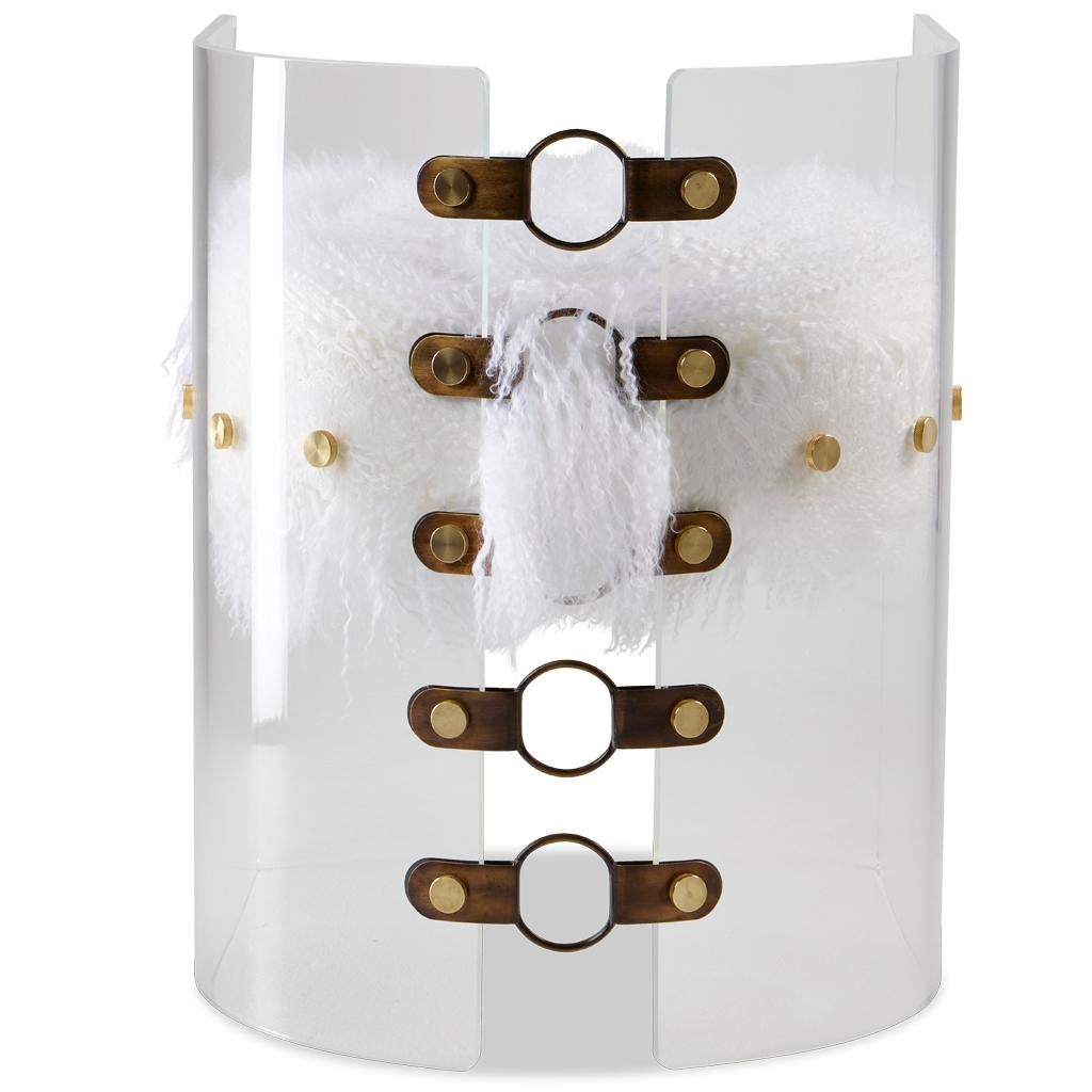 Acrylic, Brass, Bronze Steel and White Mongolian Sheepskin Jetson Dining Chair For Sale 1