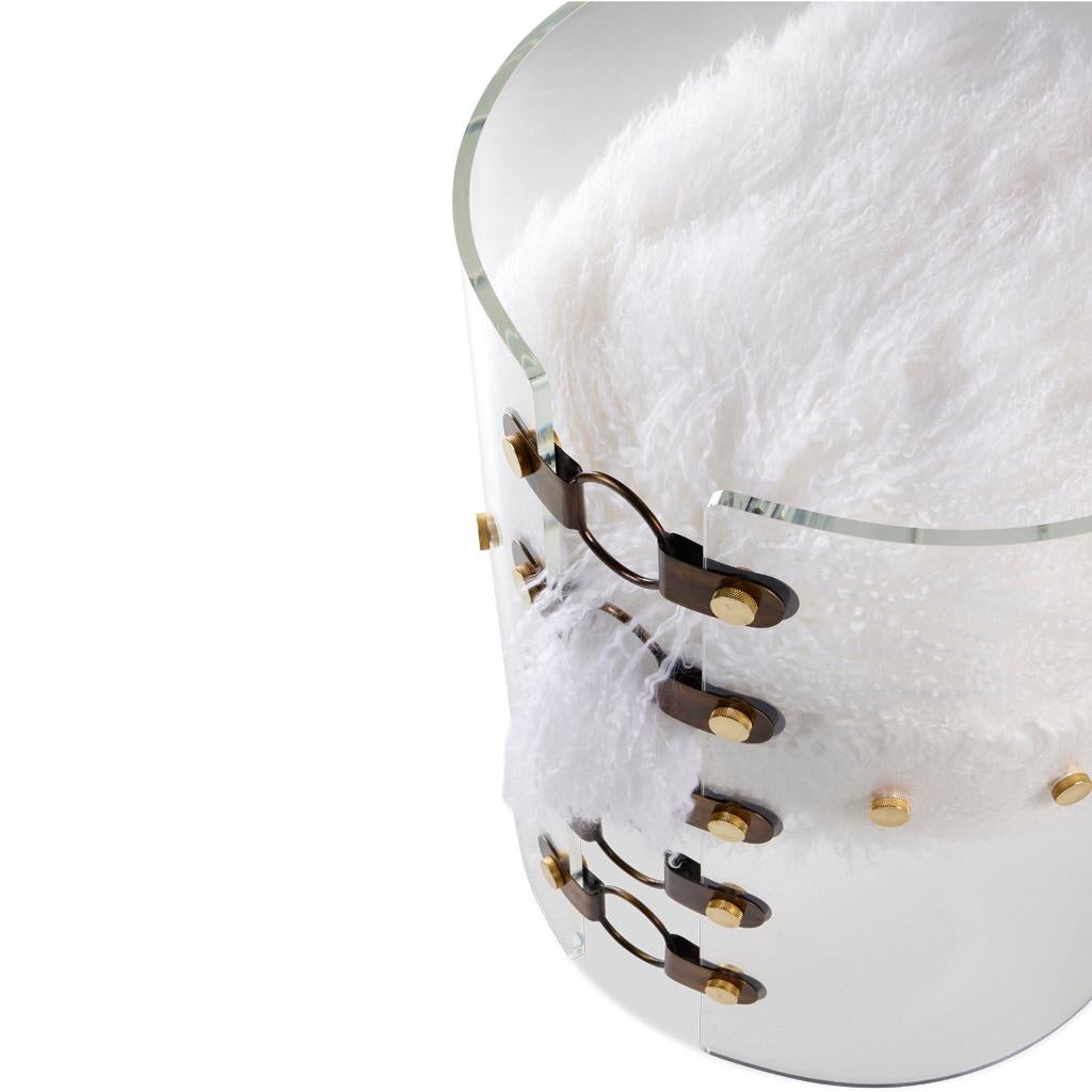 Acrylic, Brass, Bronze Steel and White Mongolian Sheepskin Jetson Dining Chair For Sale 2