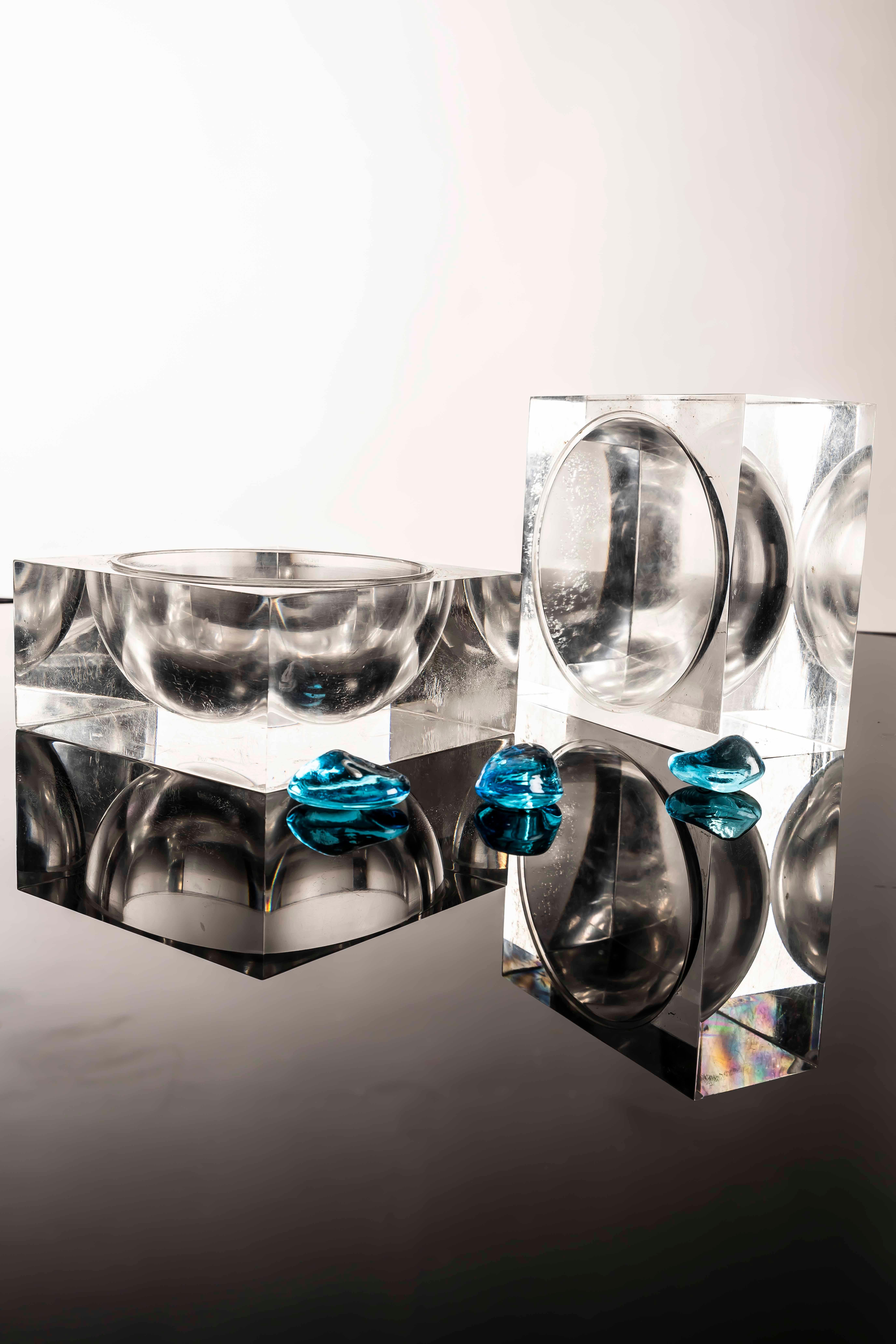 Space Age Acrylic Cube Box with Spherical Cavity, Attributed to Albrizzi, 1970s For Sale