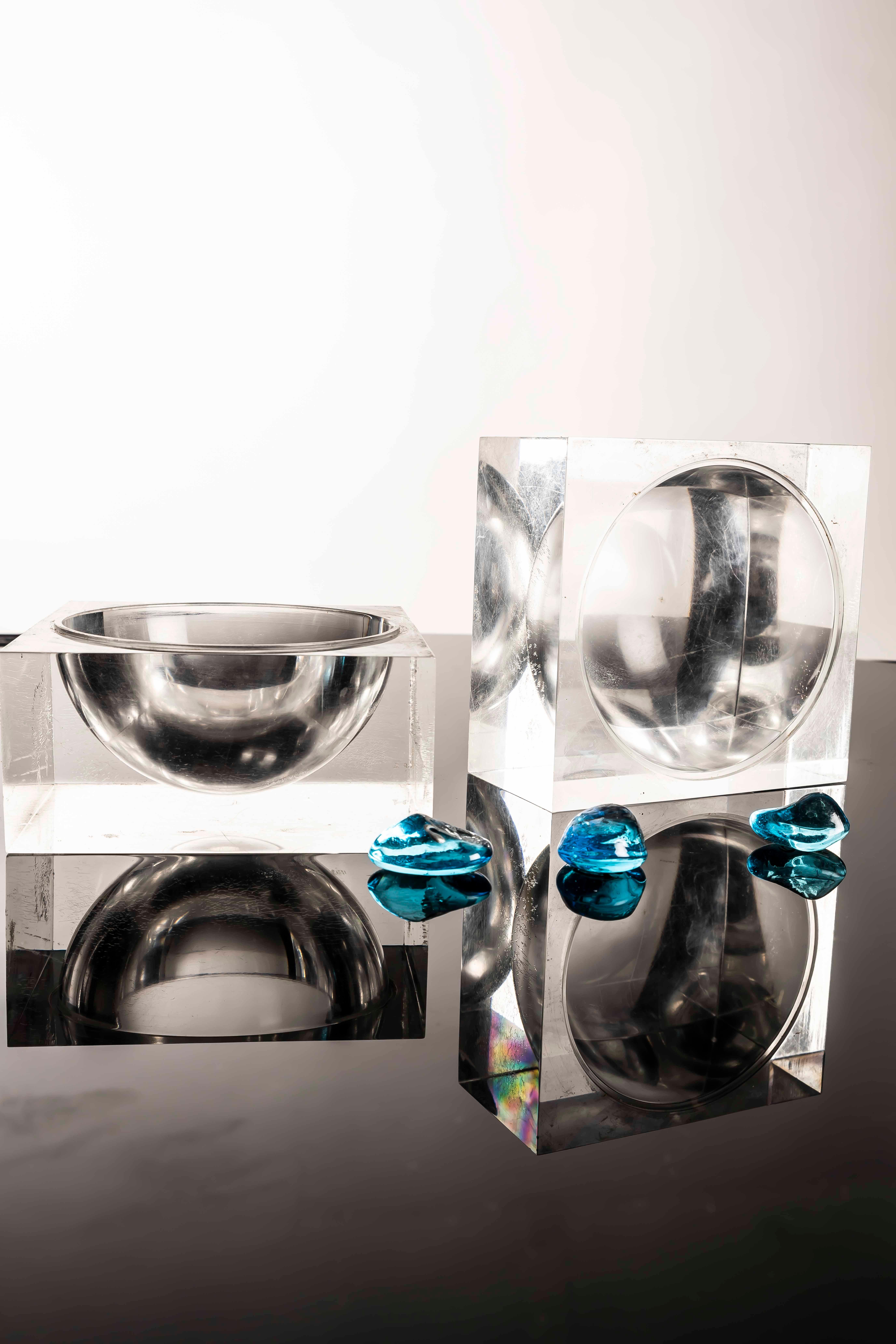 Italian Acrylic Cube Box with Spherical Cavity, Attributed to Albrizzi, 1970s For Sale