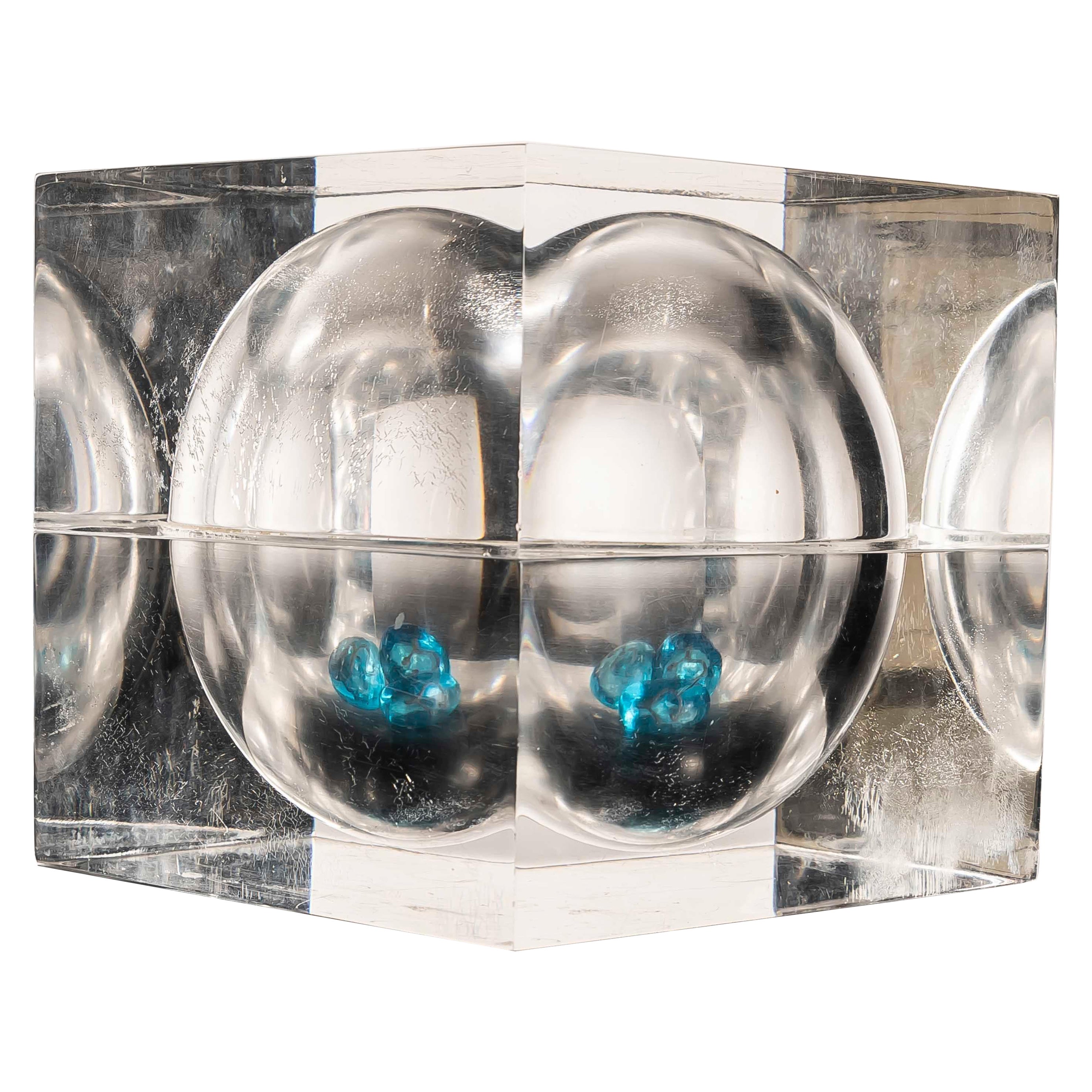 Acrylic Cube Box with Spherical Cavity, Attributed to Albrizzi, 1970s For Sale