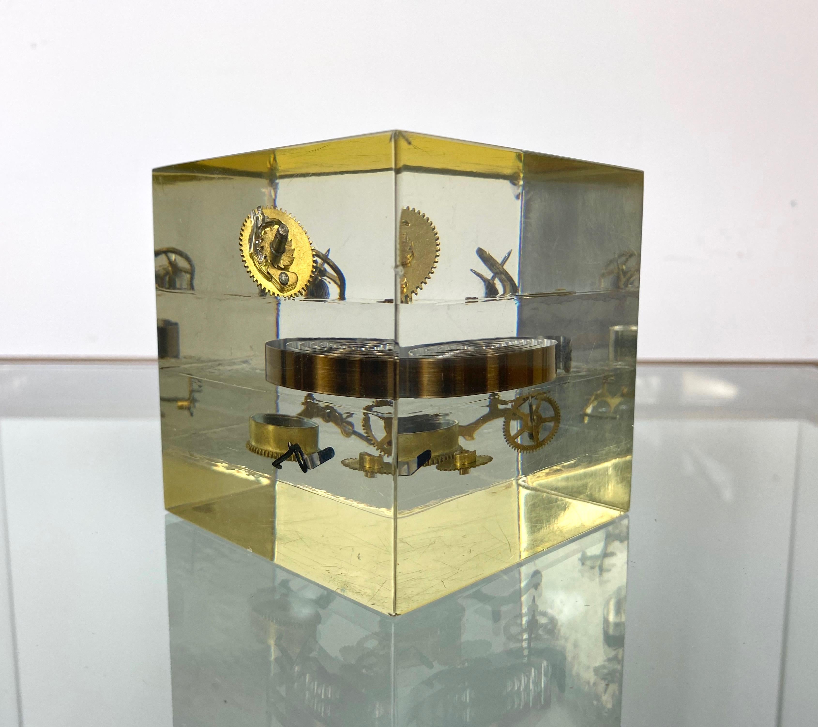 Acrylic Cube Sculpture Paperweight with Clock Parts by Pierre Giraudon, 1970s For Sale 3