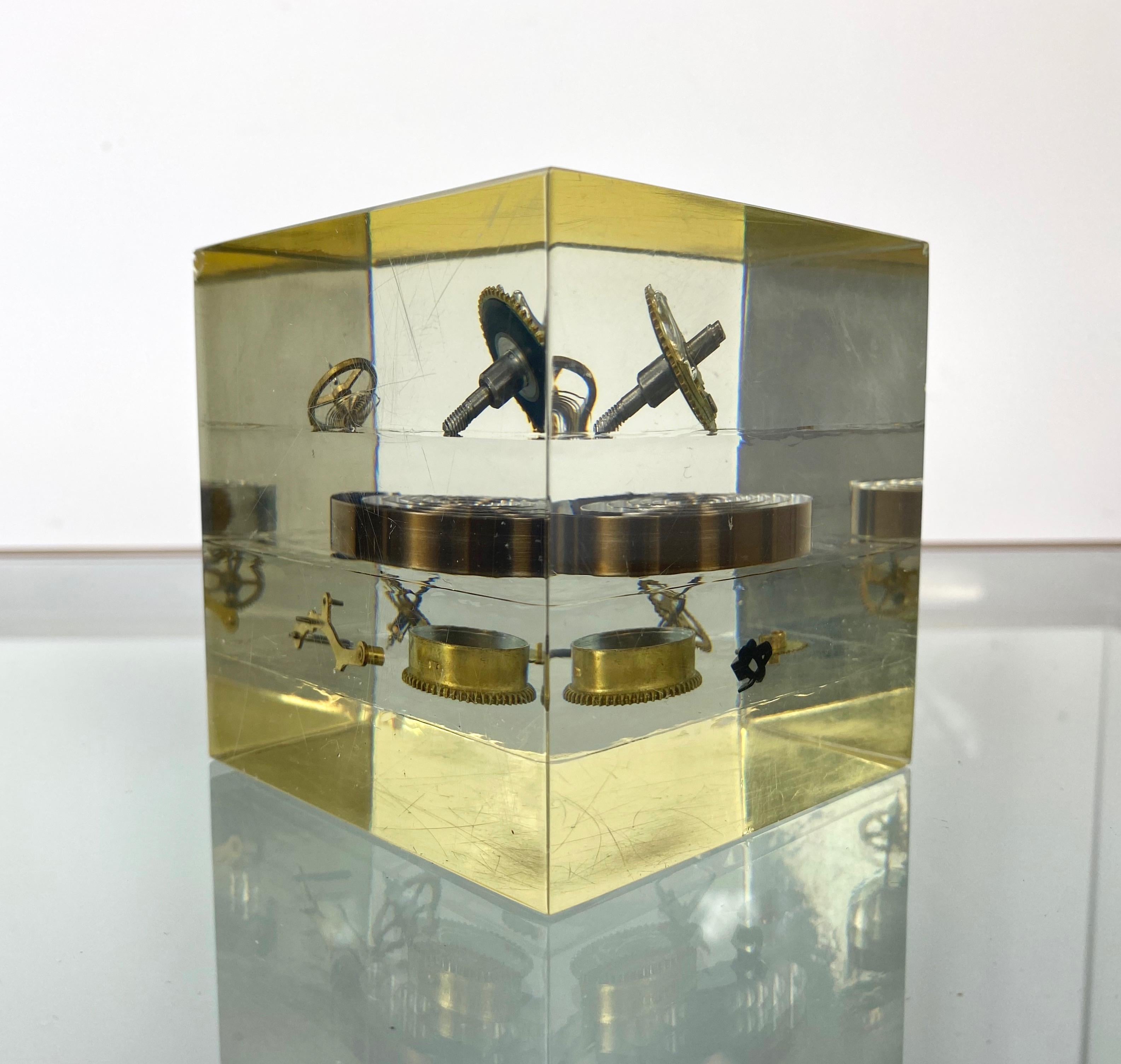 Acrylic Cube Sculpture Paperweight with Clock Parts by Pierre Giraudon, 1970s For Sale 4