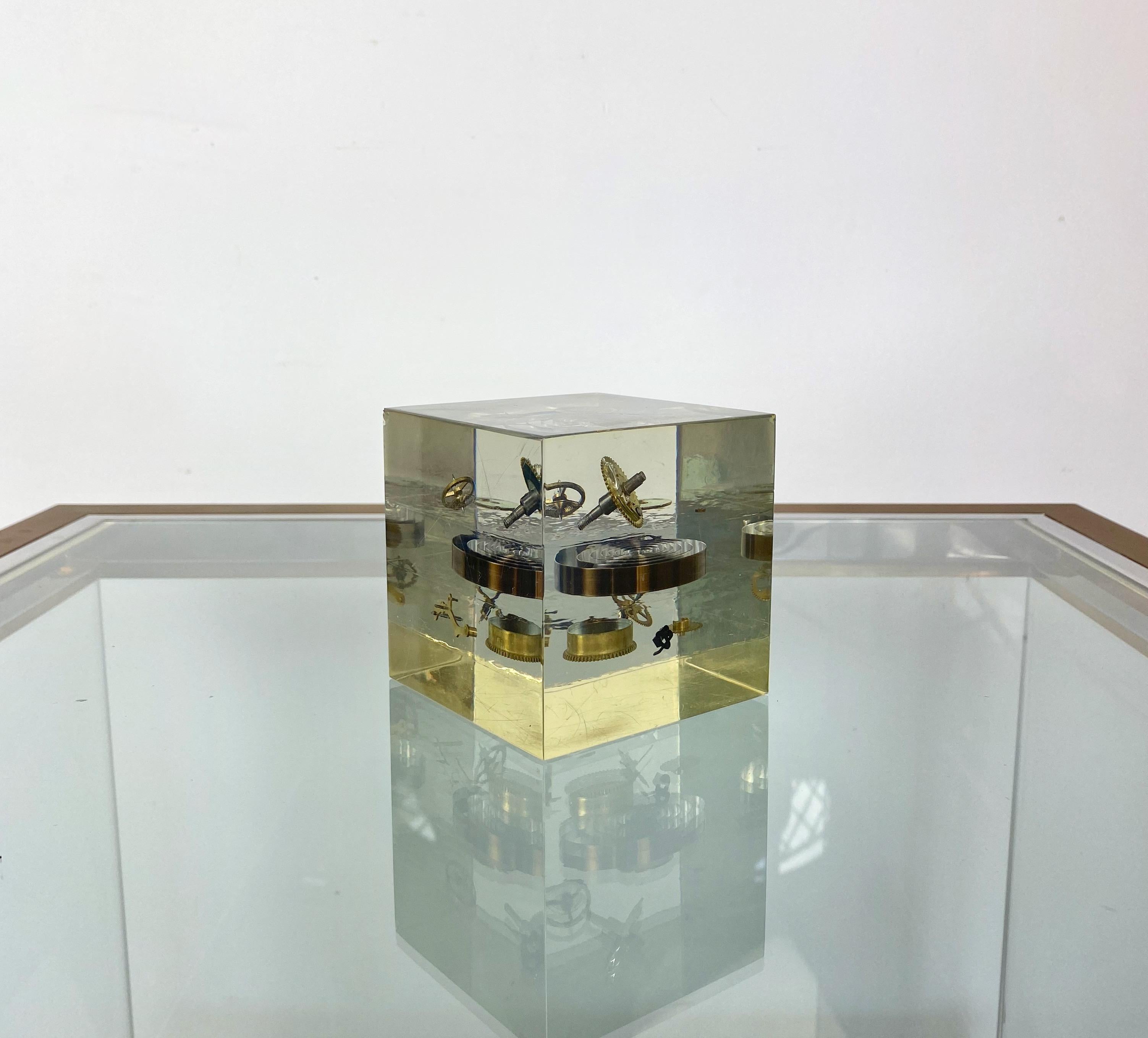 Mid-Century Modern Acrylic Cube Sculpture Paperweight with Clock Parts by Pierre Giraudon, 1970s For Sale