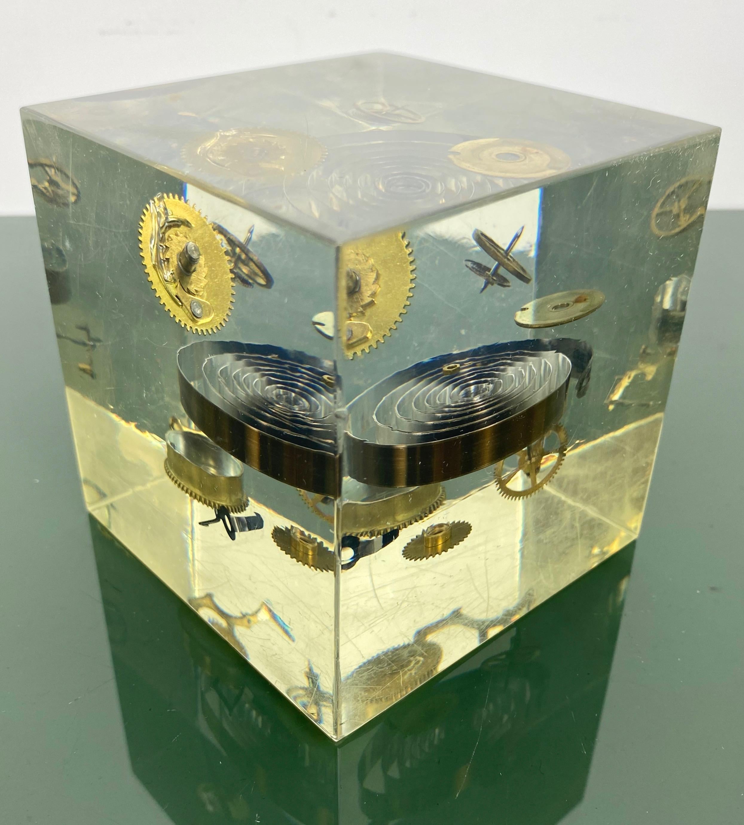 French Acrylic Cube Sculpture Paperweight with Clock Parts by Pierre Giraudon, 1970s For Sale