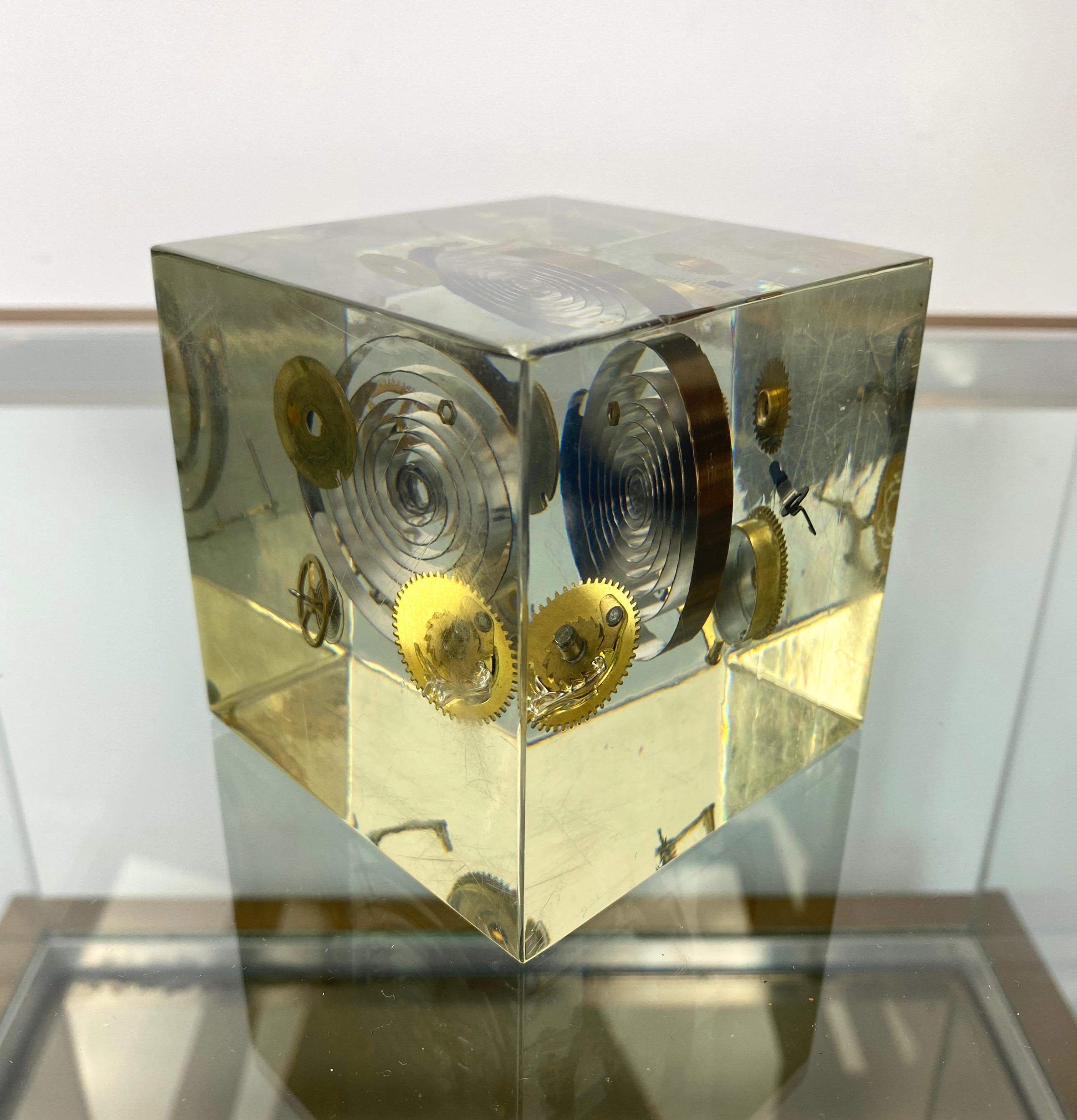 Late 20th Century Acrylic Cube Sculpture Paperweight with Clock Parts by Pierre Giraudon, 1970s For Sale
