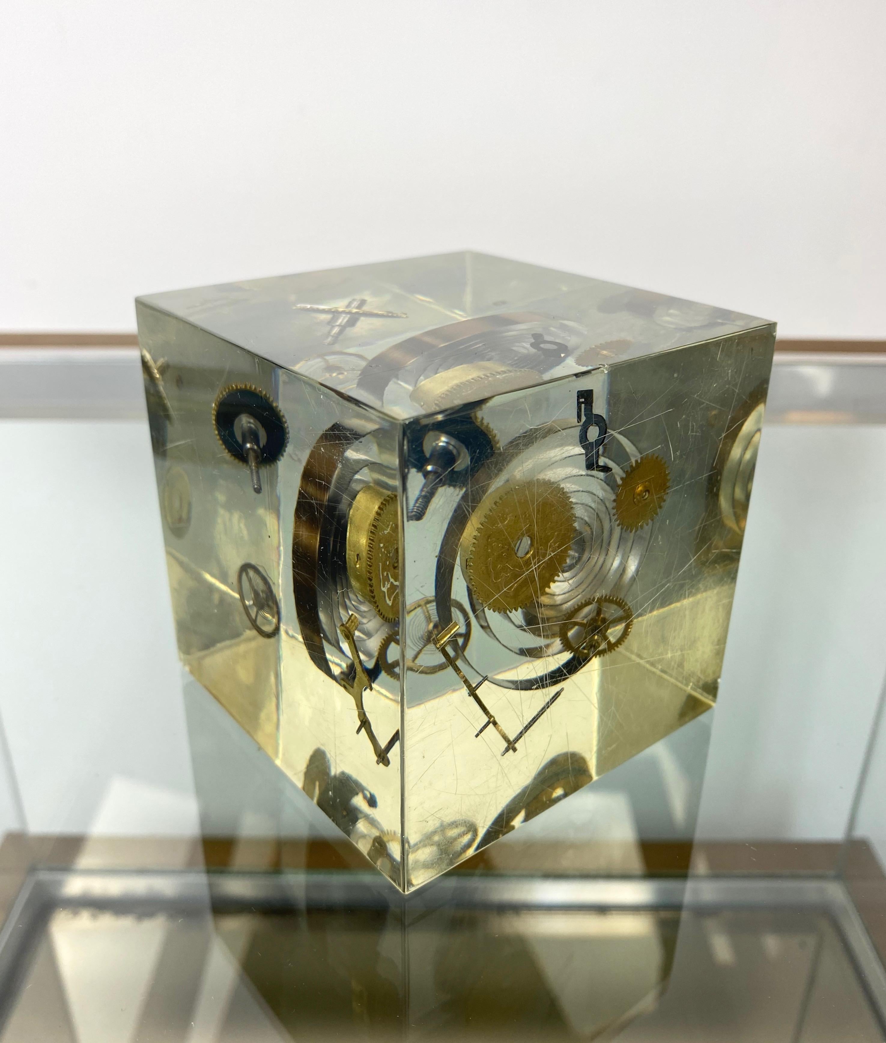 Metal Acrylic Cube Sculpture Paperweight with Clock Parts by Pierre Giraudon, 1970s For Sale