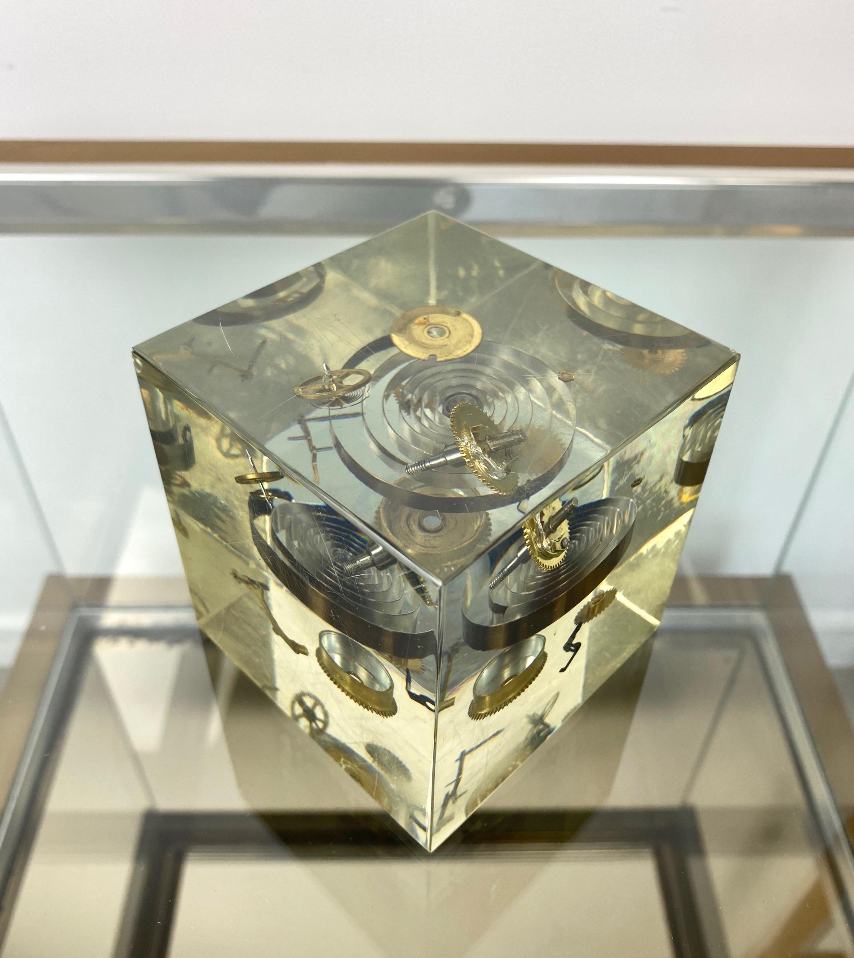 Acrylic Cube Sculpture Paperweight with Clock Parts by Pierre Giraudon, 1970s For Sale 1