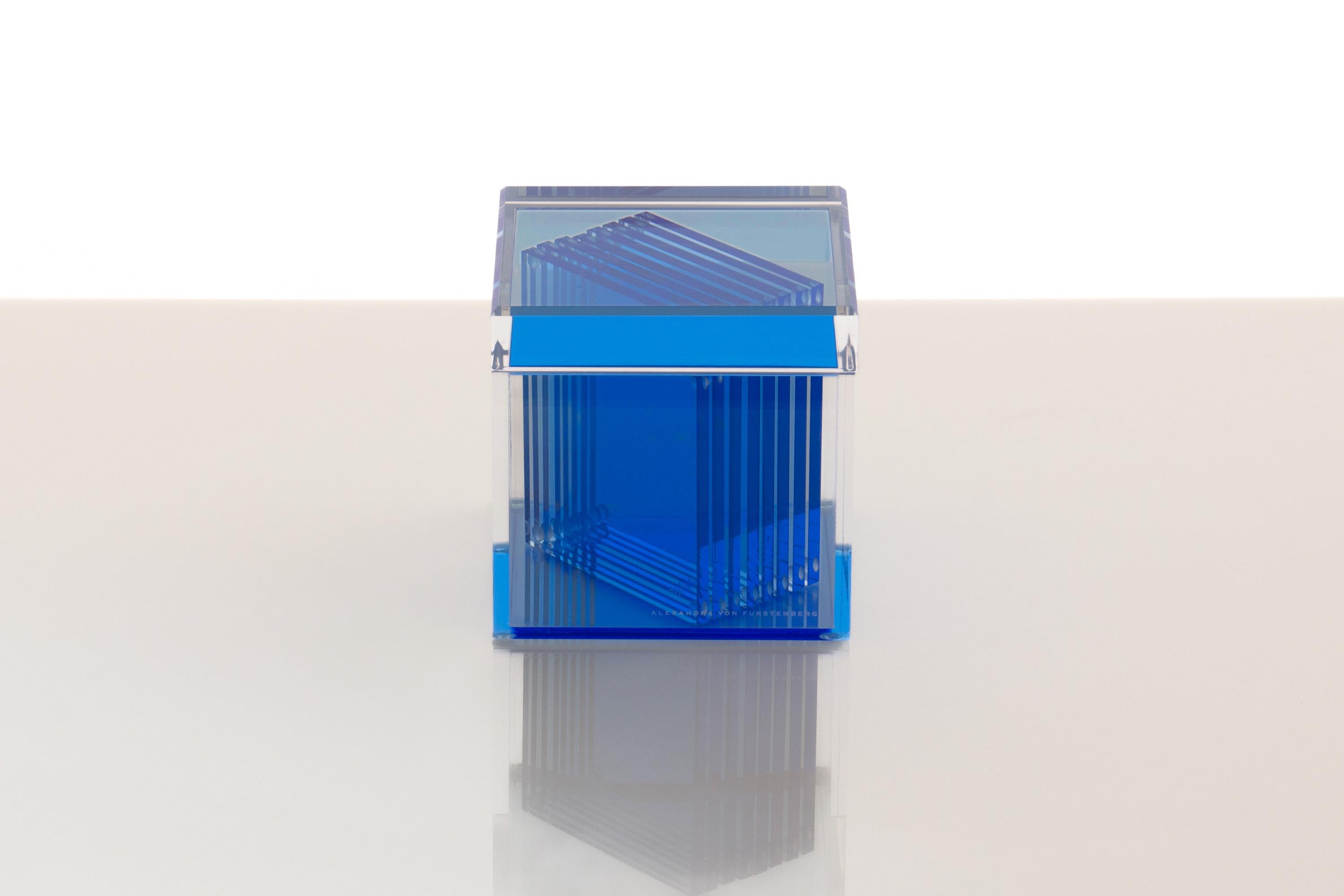 Modern Acrylic Cubic Box in Lagoon by Designer Alexandra Von Furstenberg For Sale