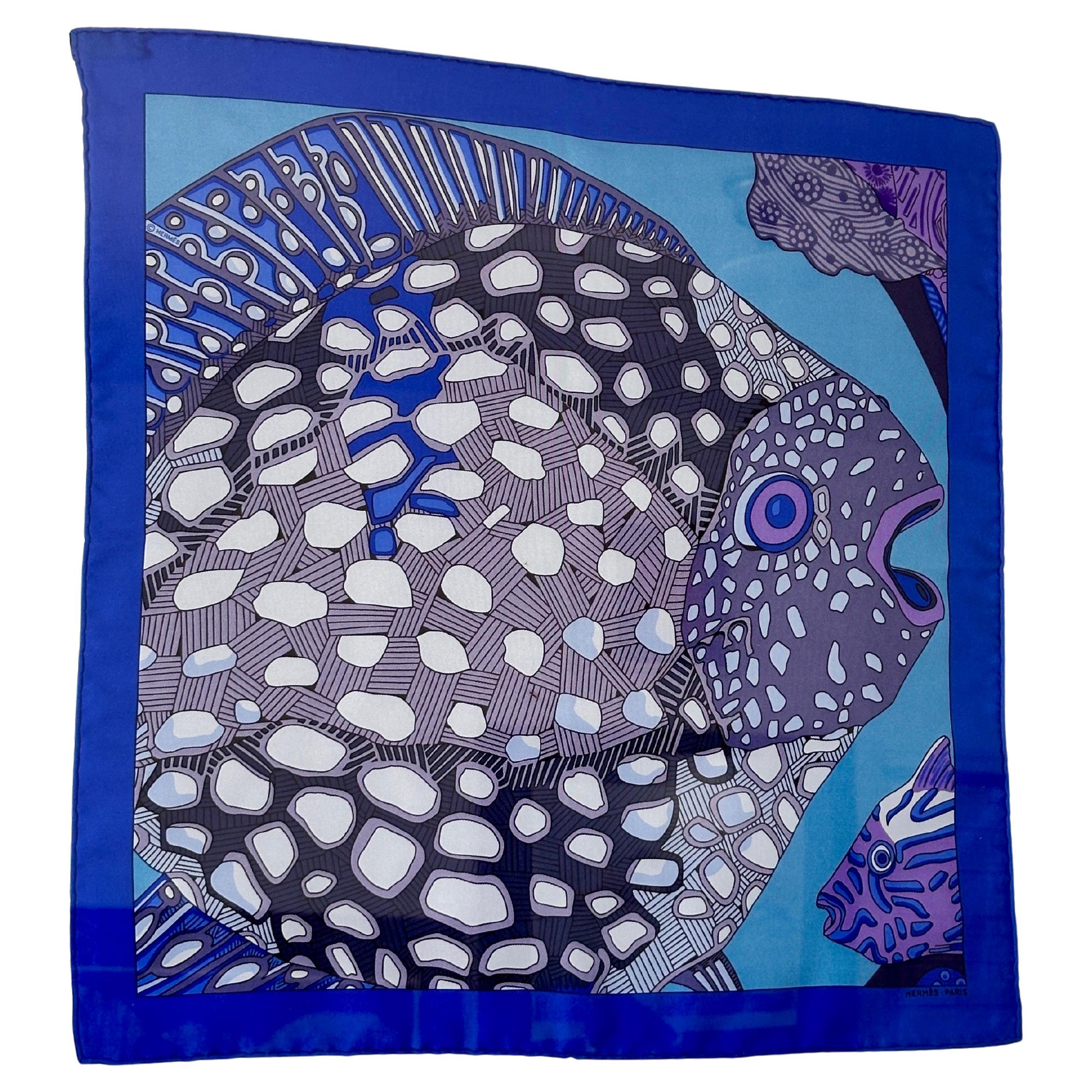 Acrylic Framed Hermes "Grands Fonds" Blue (Detail) Silk Scarf by Annie Faivre